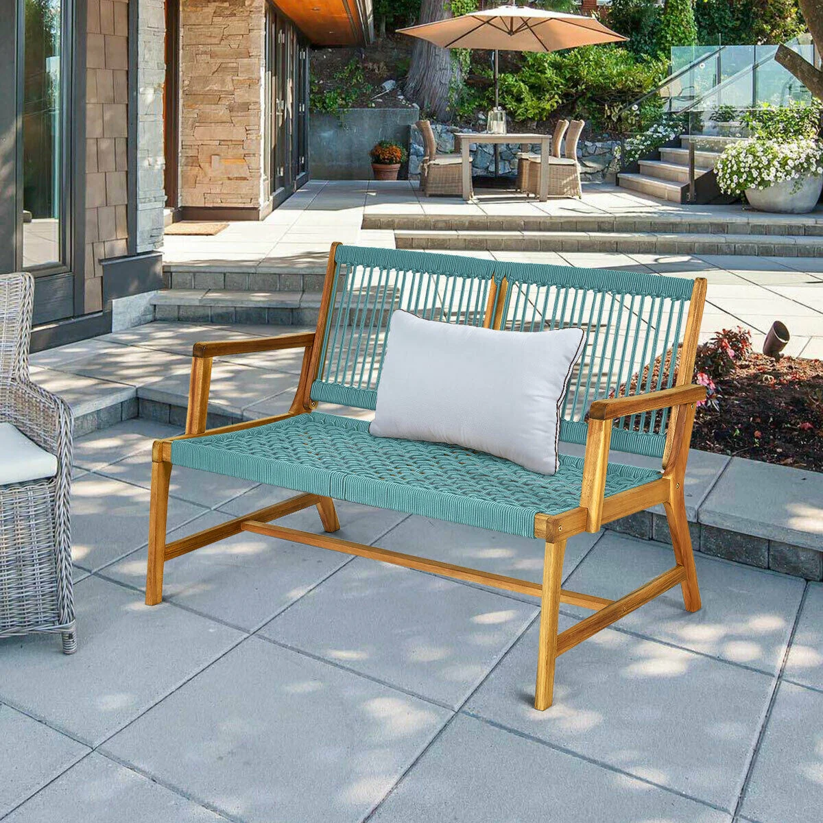 2-Person Acacia Wood Bench, Turquoise - Image 8