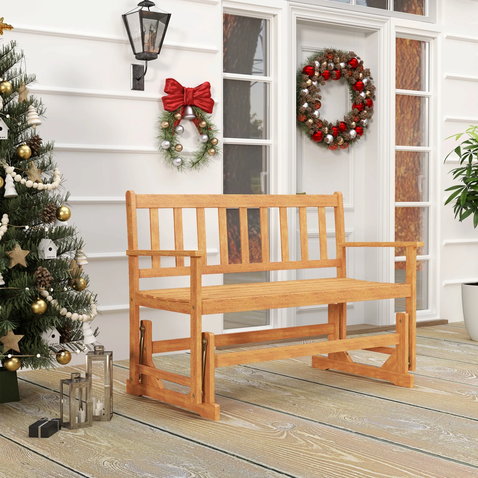 2-Person Acacia Wood Glider Bench Patio Swing, Natural - Image 2