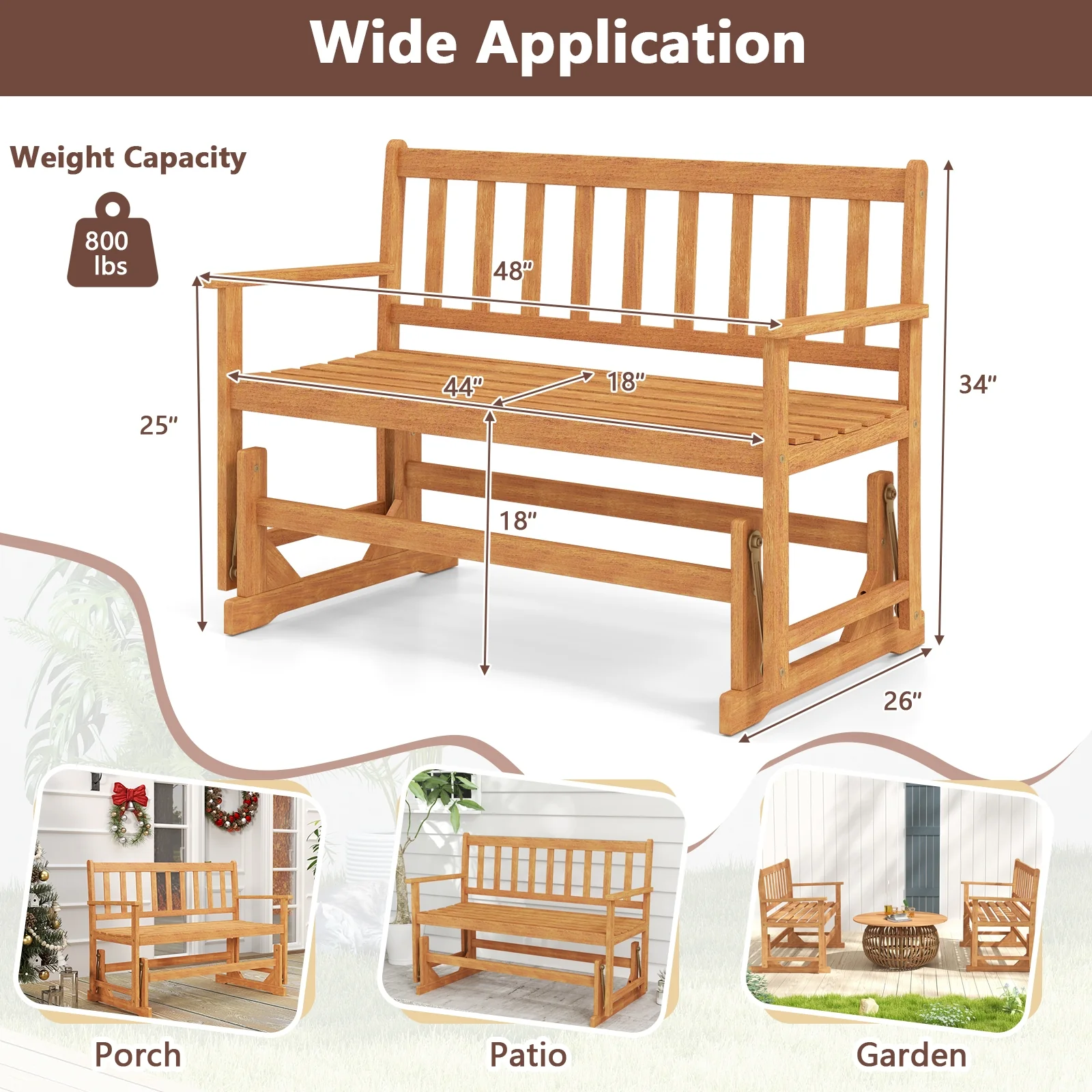 2-Person Acacia Wood Glider Bench Patio Swing, Natural - Image 5