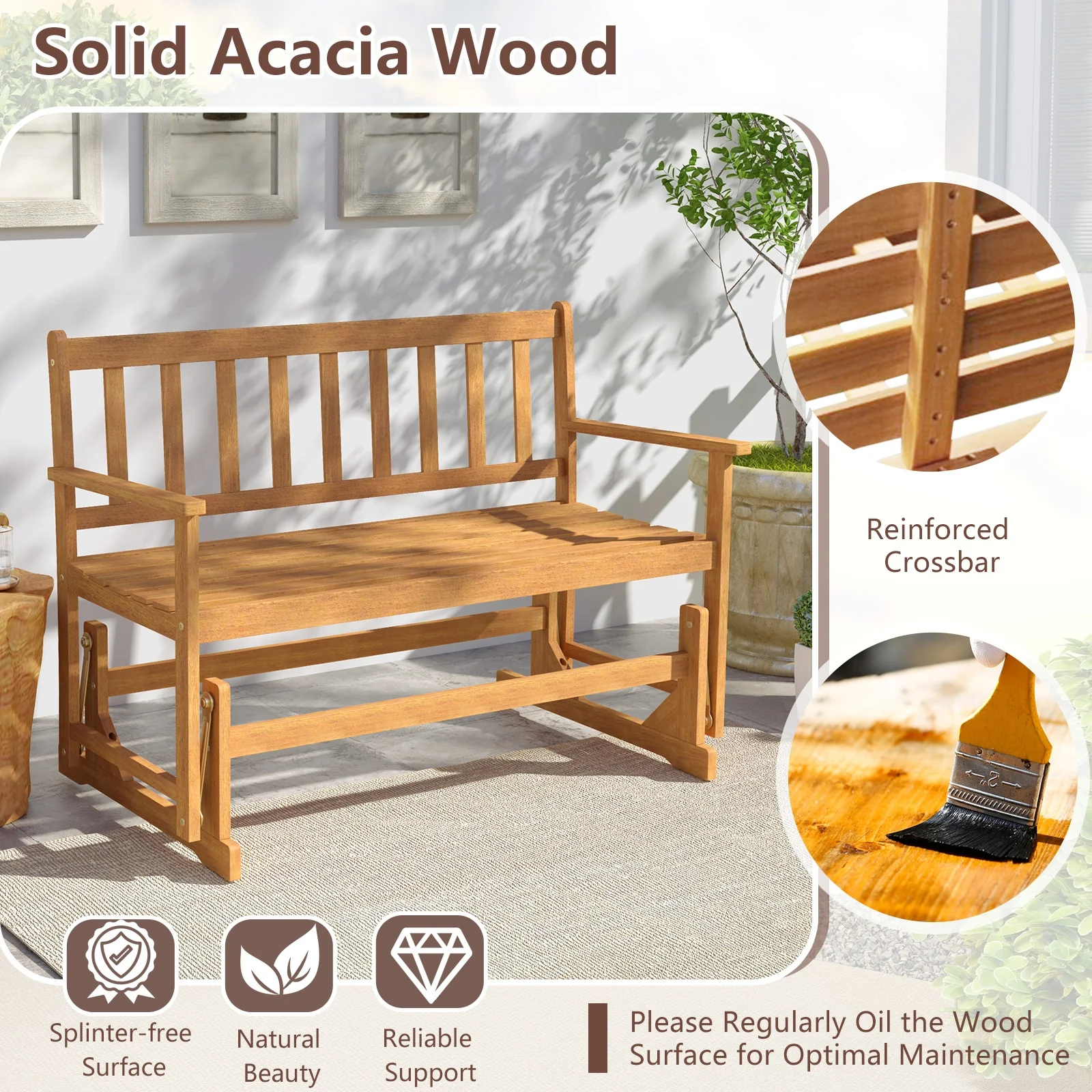 2-Person Acacia Wood Glider Bench Patio Swing, Natural - Image 9