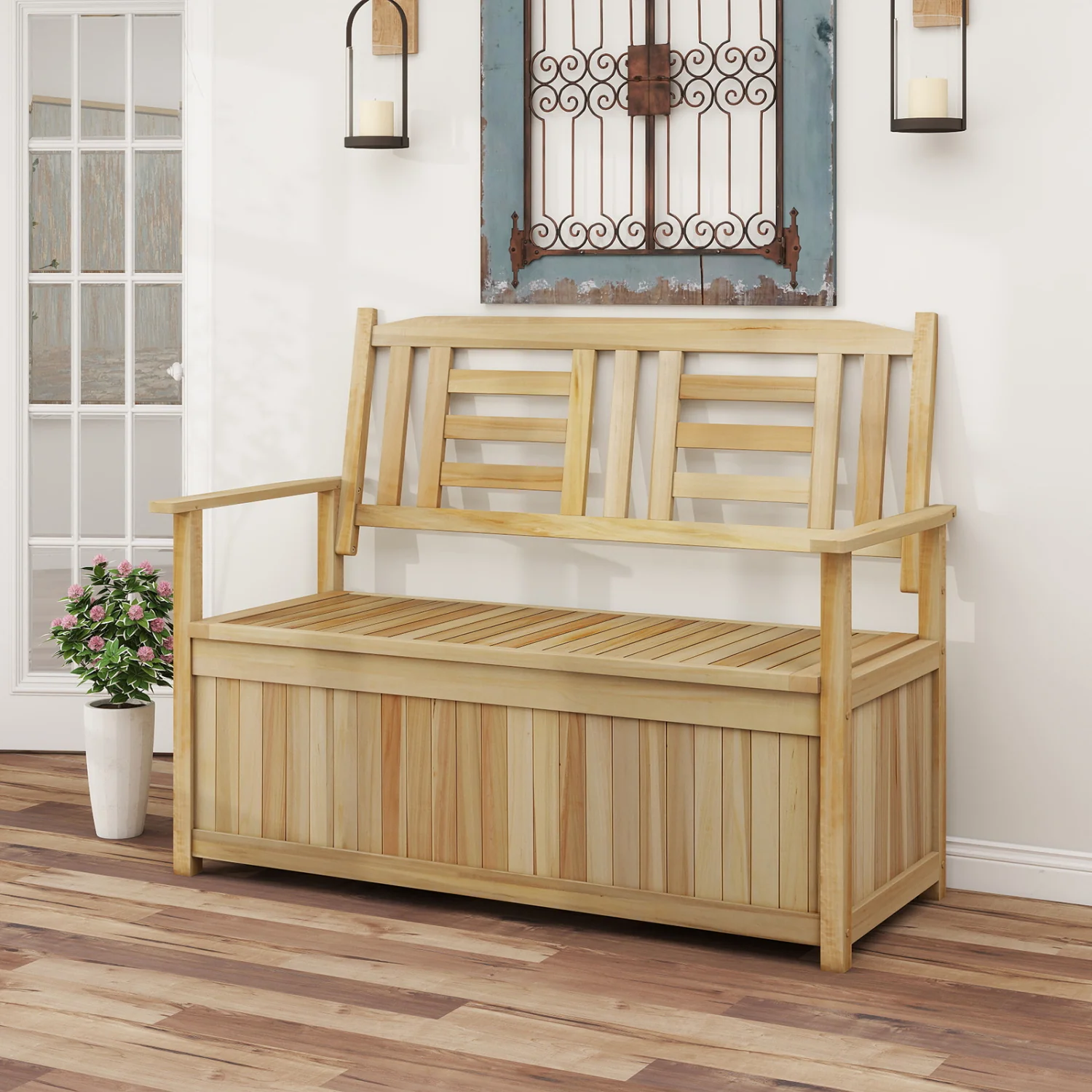 2-Person Garden Bench with 49 Gal Storage Bench and Backrest, Natural - Image 2