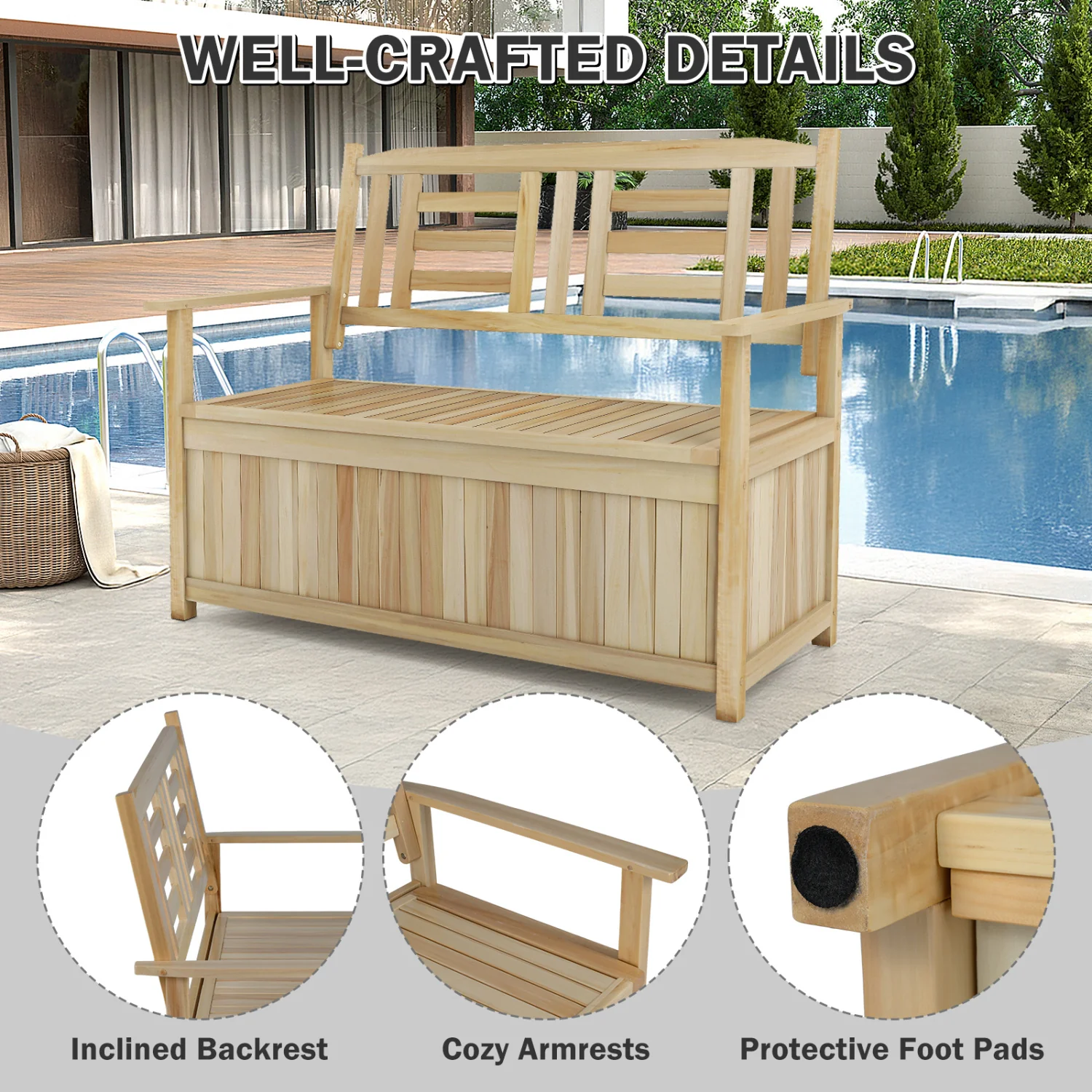 2-Person Garden Bench with 49 Gal Storage Bench and Backrest, Natural - Image 7