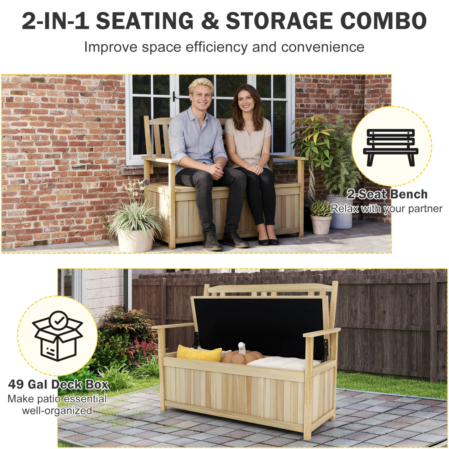 2-Person Garden Bench with 49 Gal Storage Bench and Backrest, Natural - Image 8