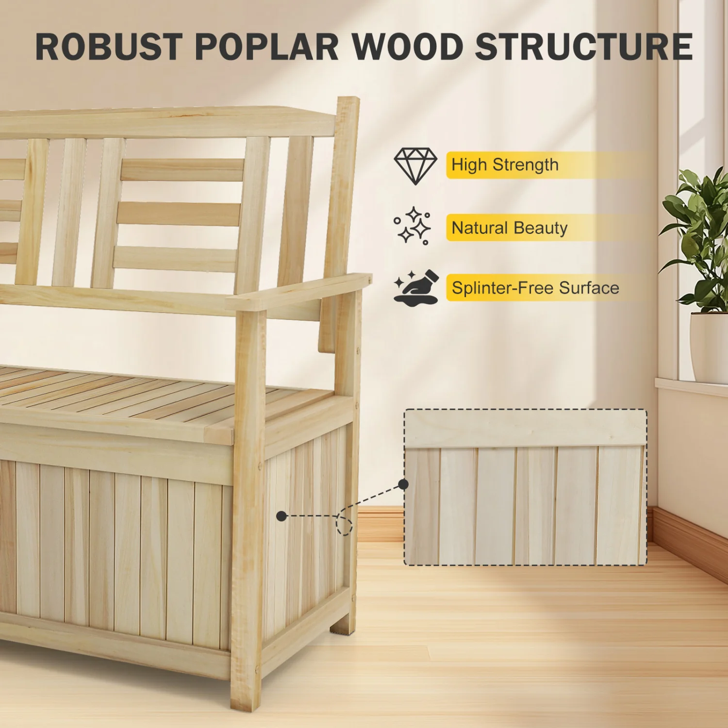 2-Person Garden Bench with 49 Gal Storage Bench and Backrest, Natural - Image 9