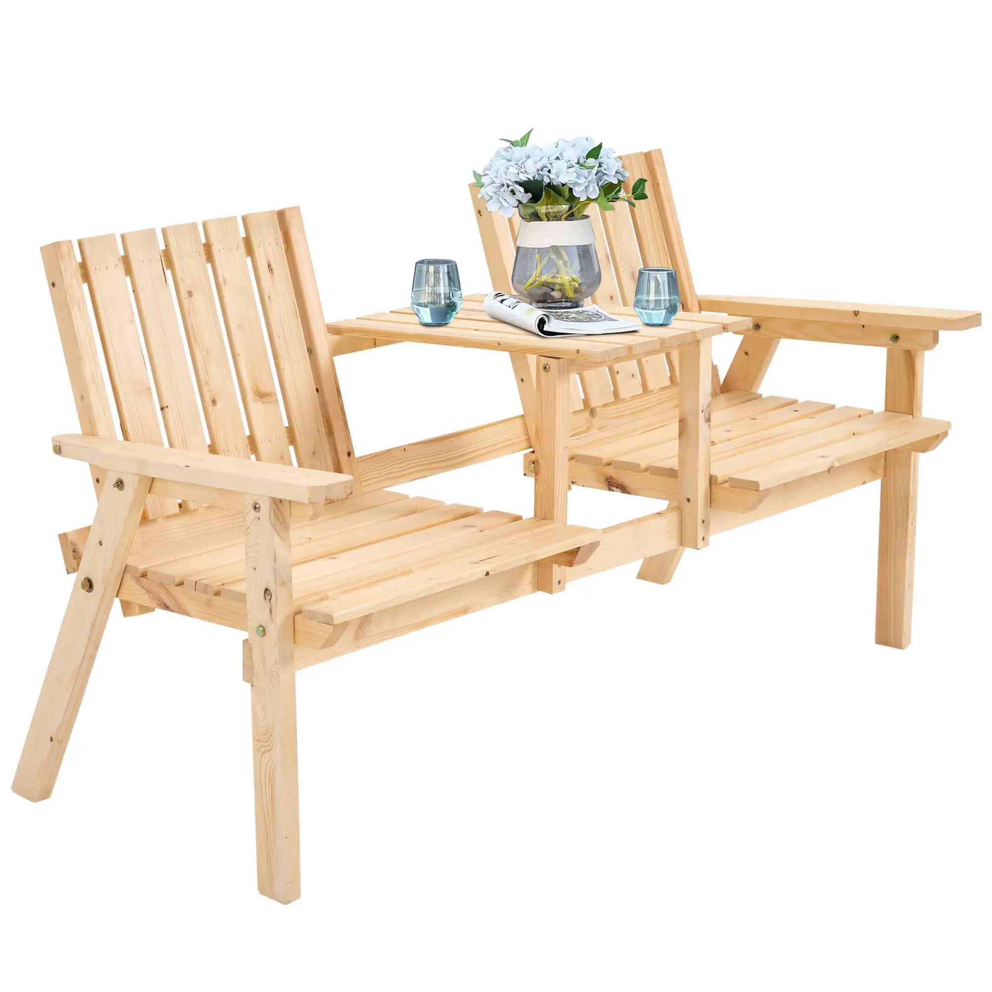 2-Person Garden Bench with Table, Umbrella Hole, Natural Wood