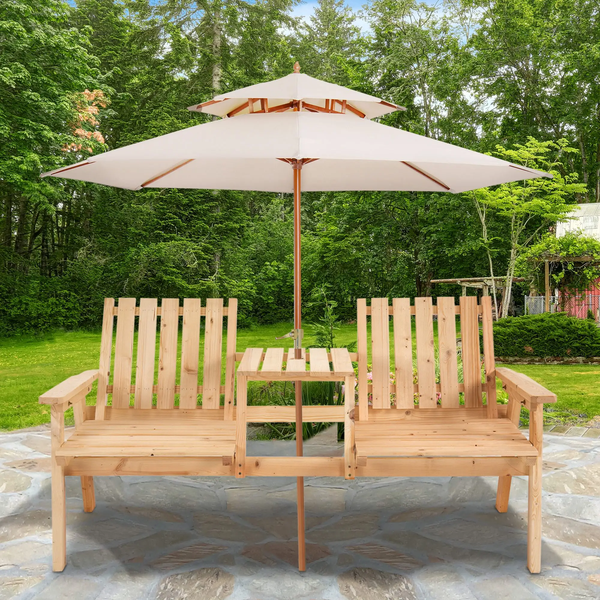 2-Person Garden Bench with Table, Umbrella Hole, Natural Wood - Image 8