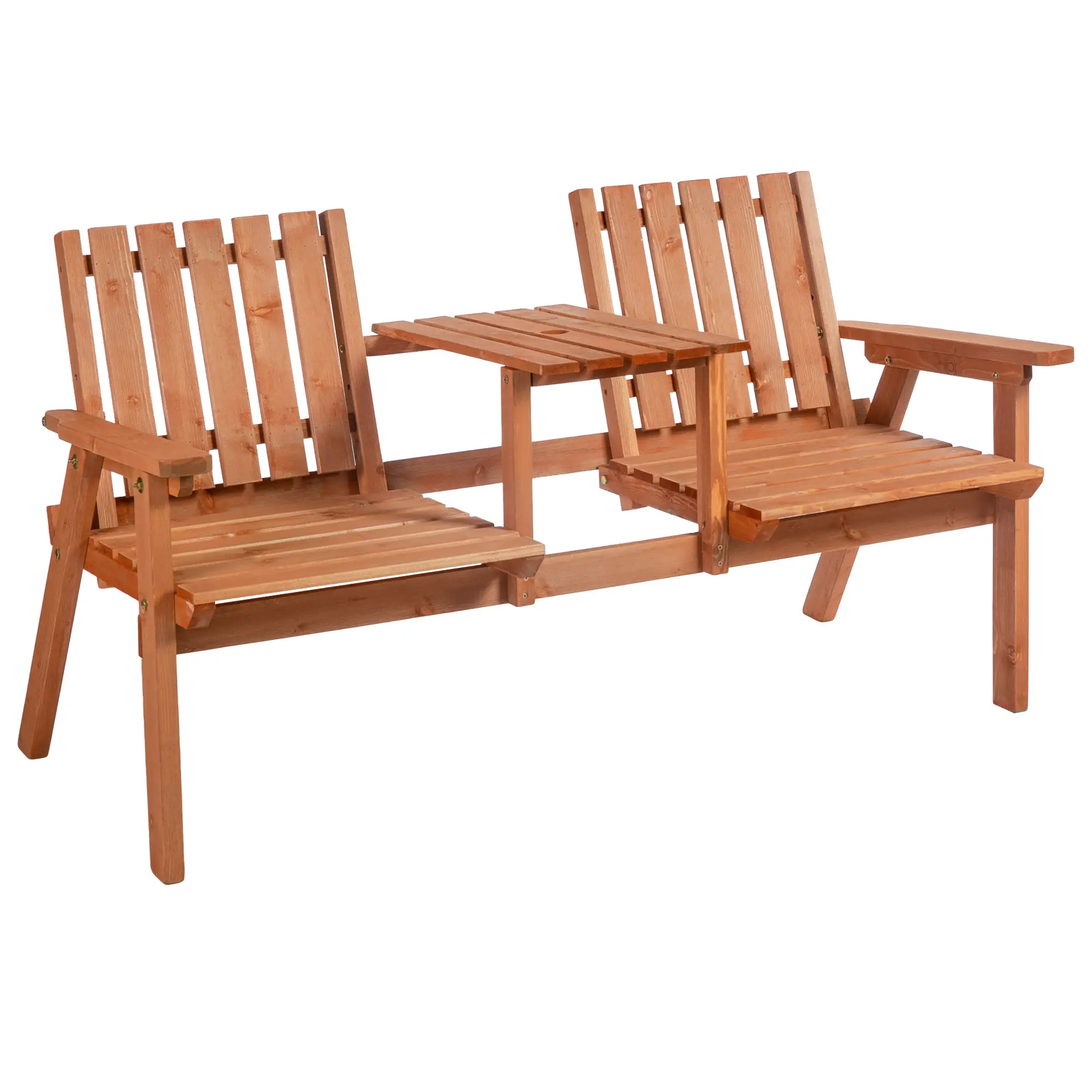 2-Person Garden Bench with Table, Umbrella Hole, Wooden Slat Design, Orange