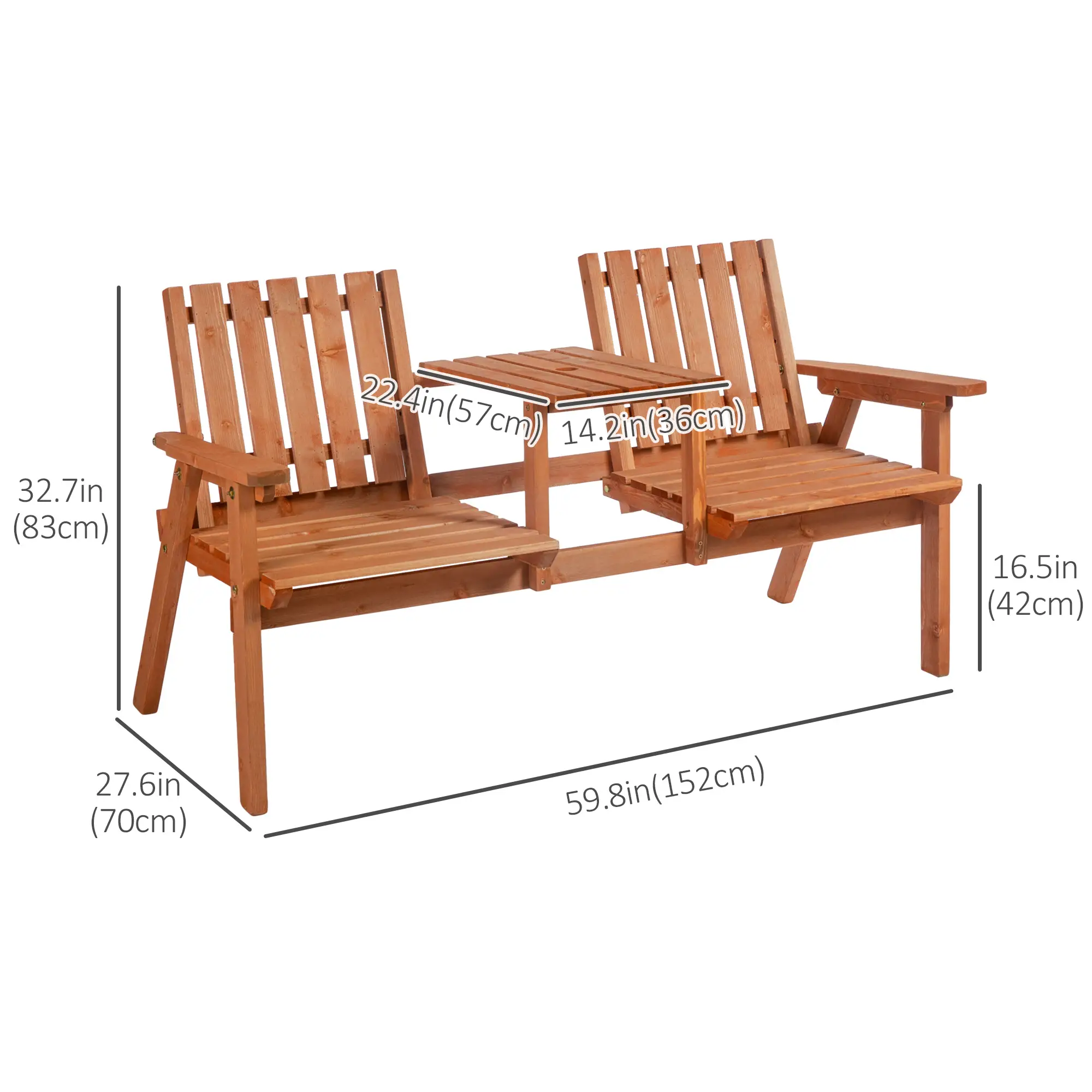 2-Person Garden Bench with Table, Umbrella Hole, Wooden Slat Design, Orange - Image 3