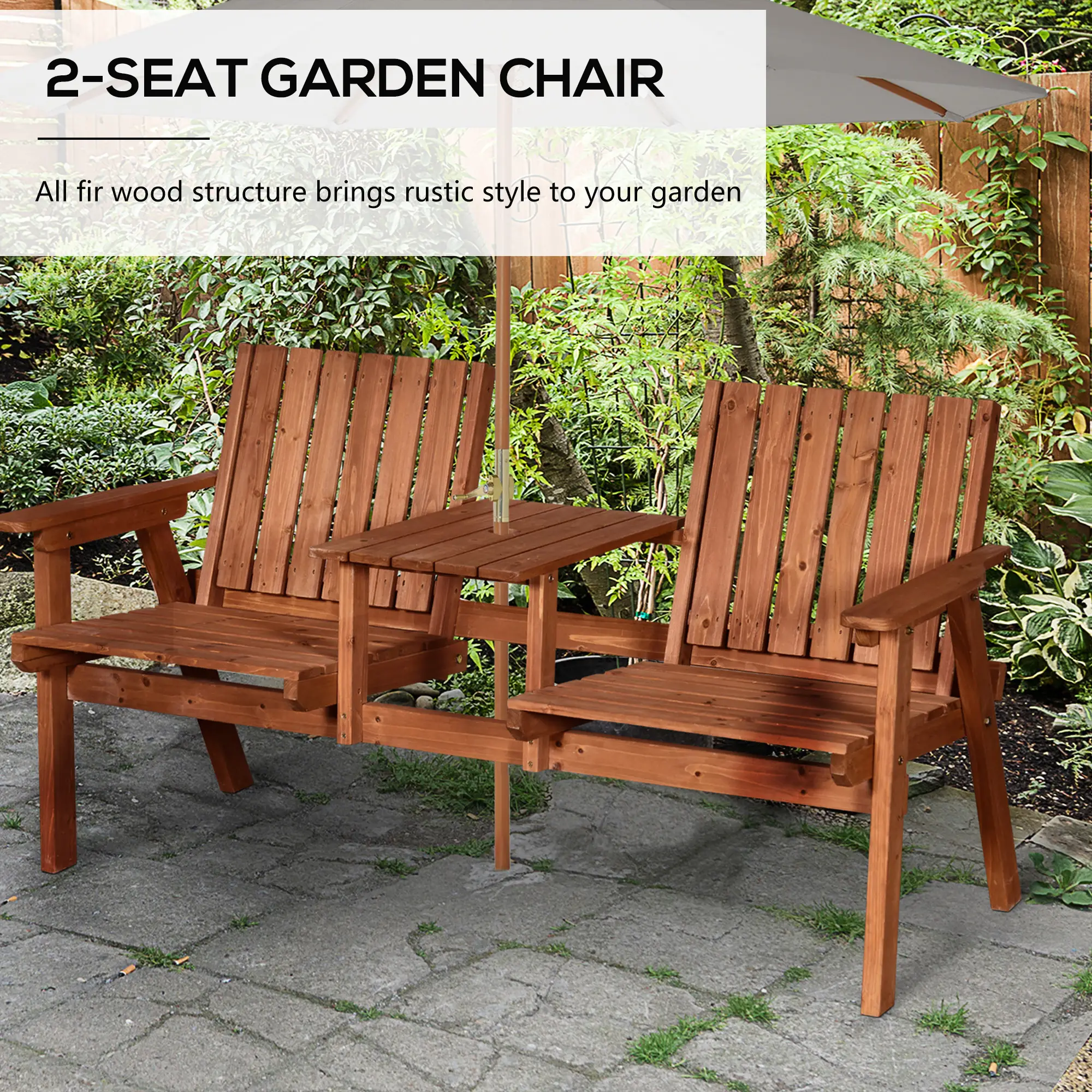 2-Person Garden Bench with Table, Umbrella Hole, Wooden Slat Design, Orange - Image 4