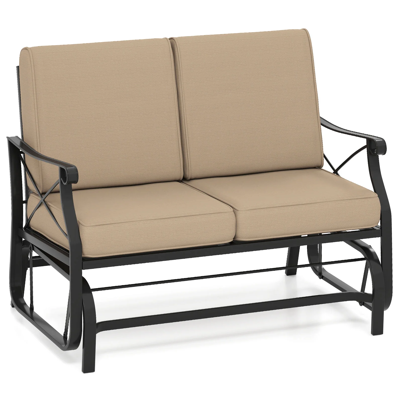 2-Person Glider Rocking Chair Loveseat, Thick Cushions, Metal Frame, Brown