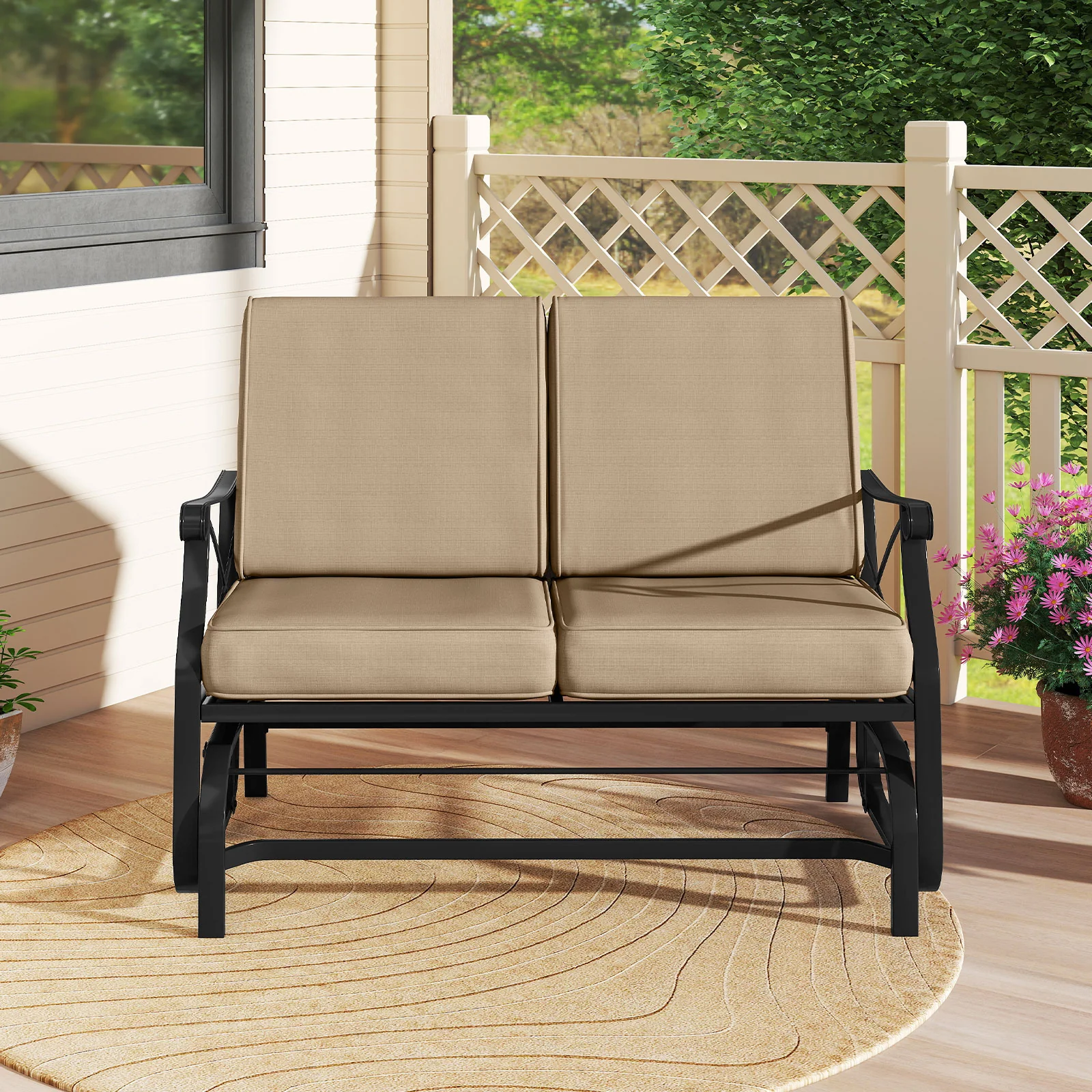 2-Person Glider Rocking Chair Loveseat, Thick Cushions, Metal Frame, Brown - Image 2