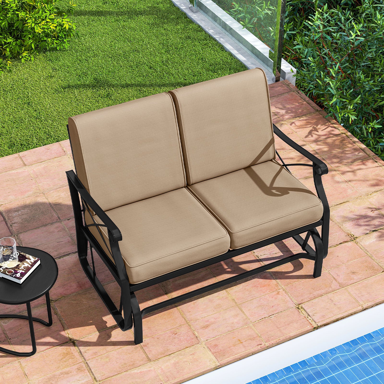 2-Person Glider Rocking Chair Loveseat, Thick Cushions, Metal Frame, Brown - Image 3