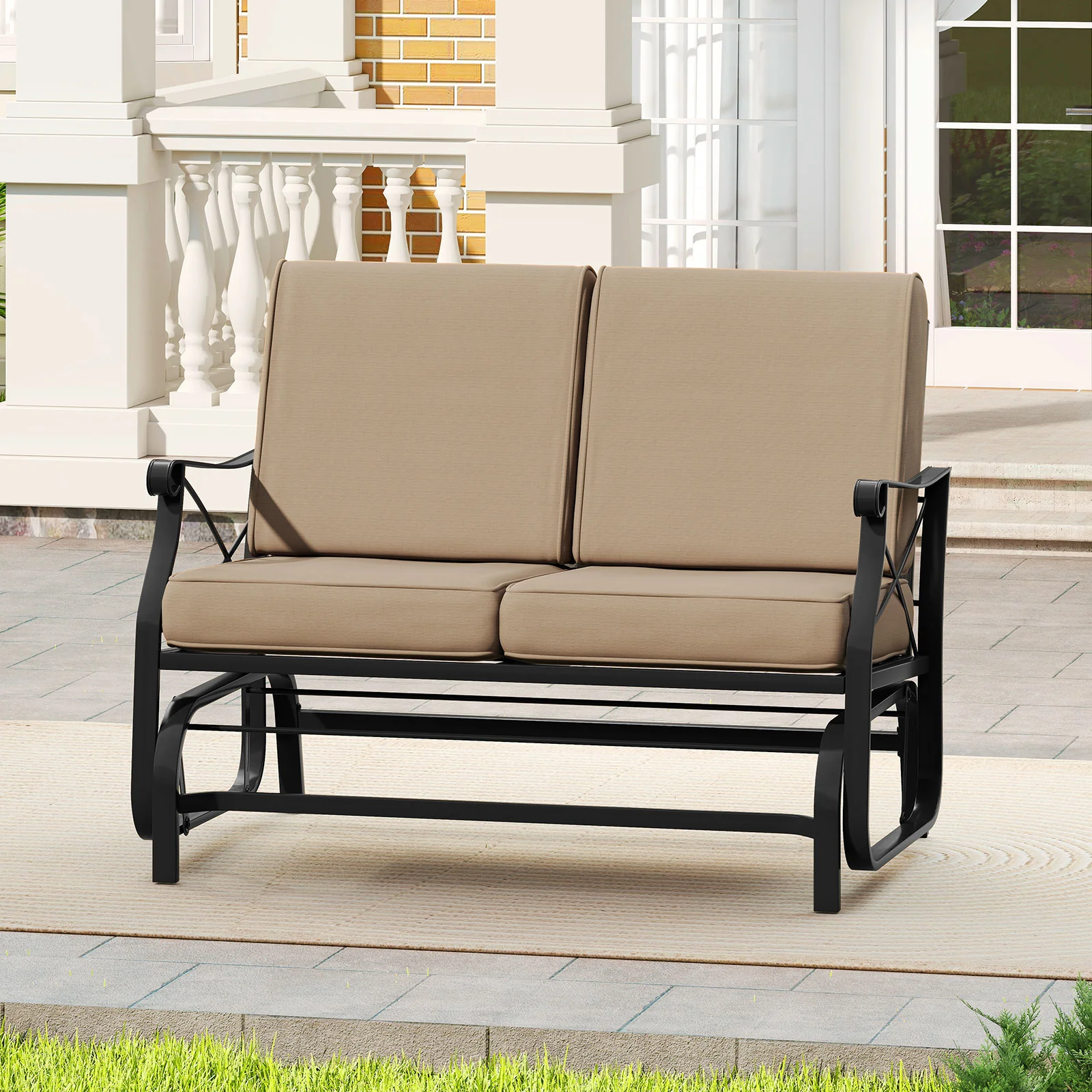 2-Person Glider Rocking Chair Loveseat, Thick Cushions, Metal Frame, Brown - Image 4