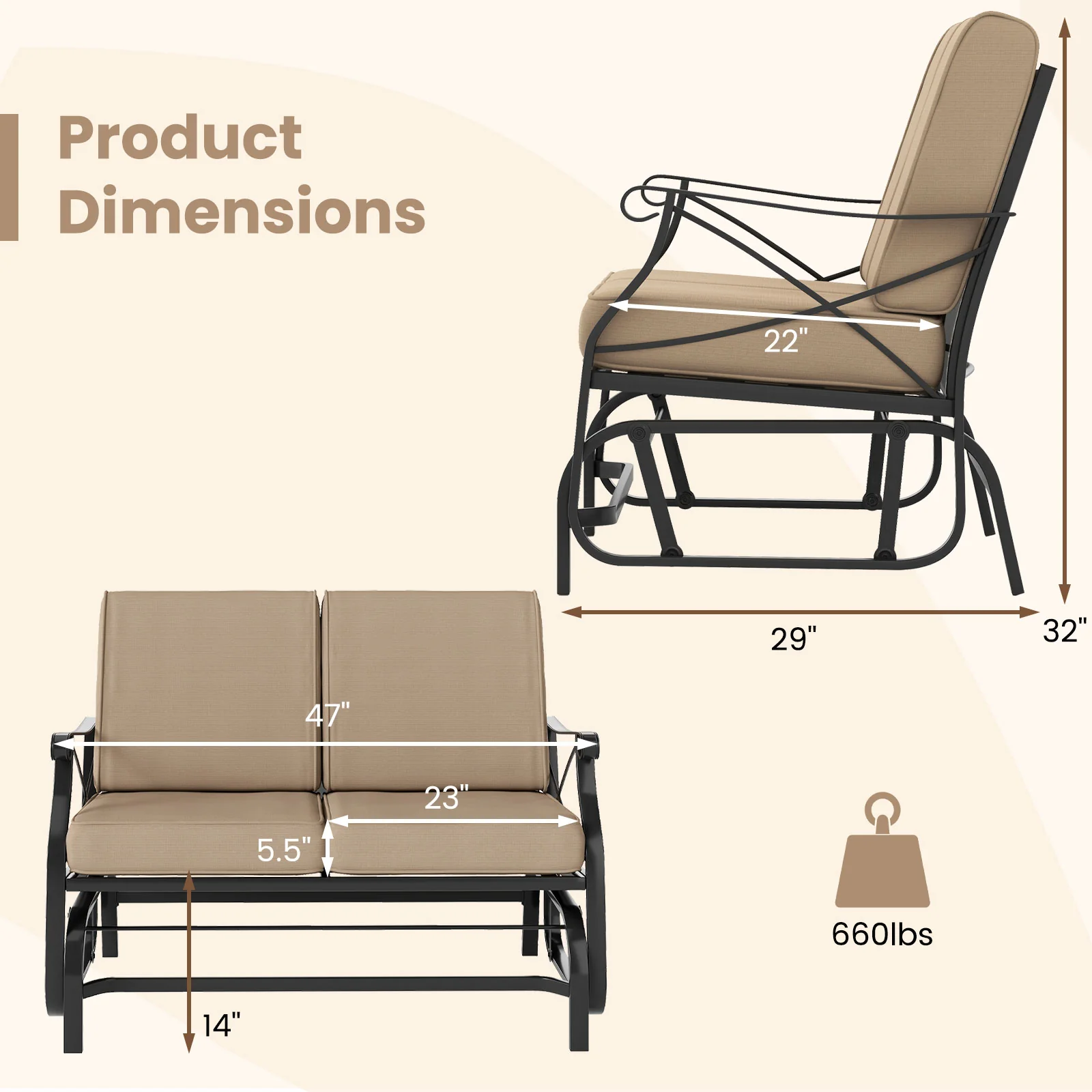 2-Person Glider Rocking Chair Loveseat, Thick Cushions, Metal Frame, Brown - Image 5
