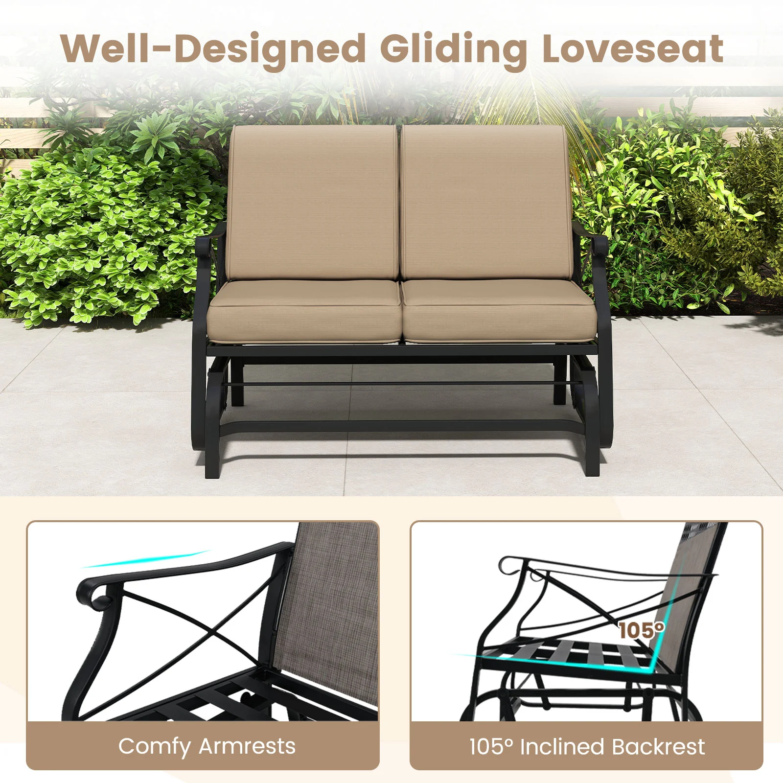 2-Person Glider Rocking Chair Loveseat, Thick Cushions, Metal Frame, Brown - Image 6