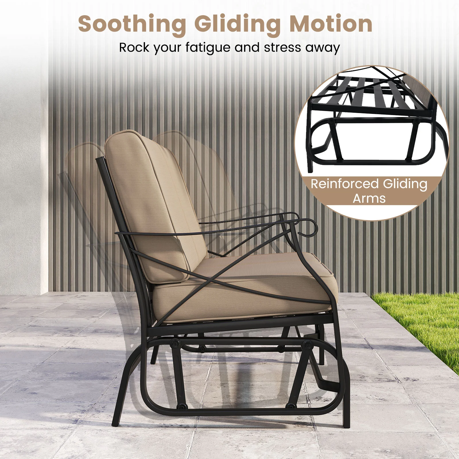 2-Person Glider Rocking Chair Loveseat, Thick Cushions, Metal Frame, Brown - Image 7