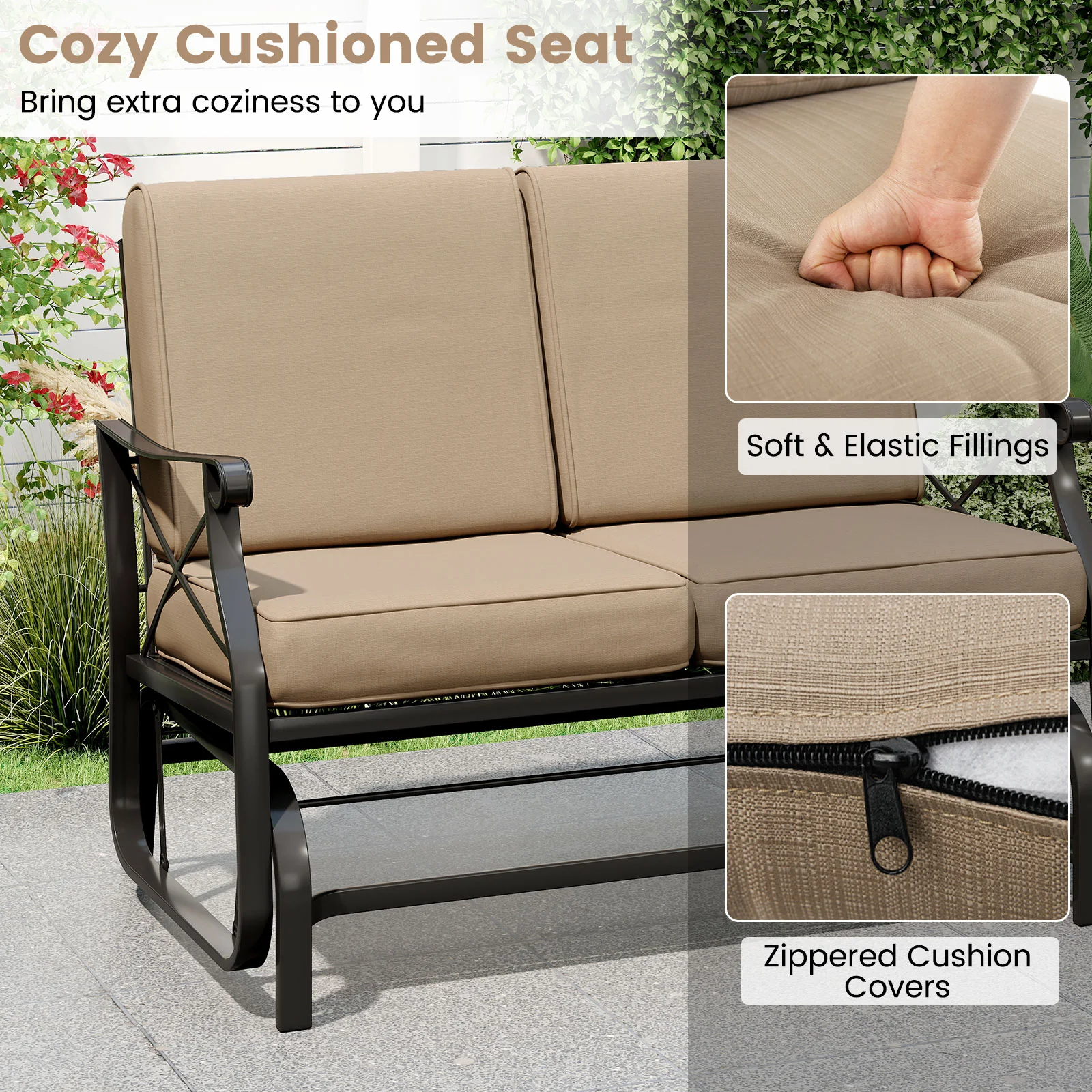 2-Person Glider Rocking Chair Loveseat, Thick Cushions, Metal Frame, Brown - Image 8