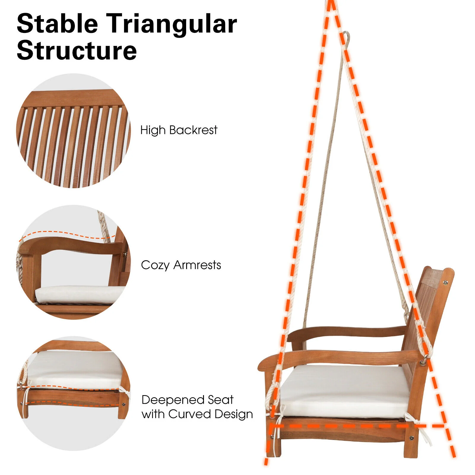 2-Person Hanging Porch Swing, Wood Bench With Cushion, Natural - Image 10
