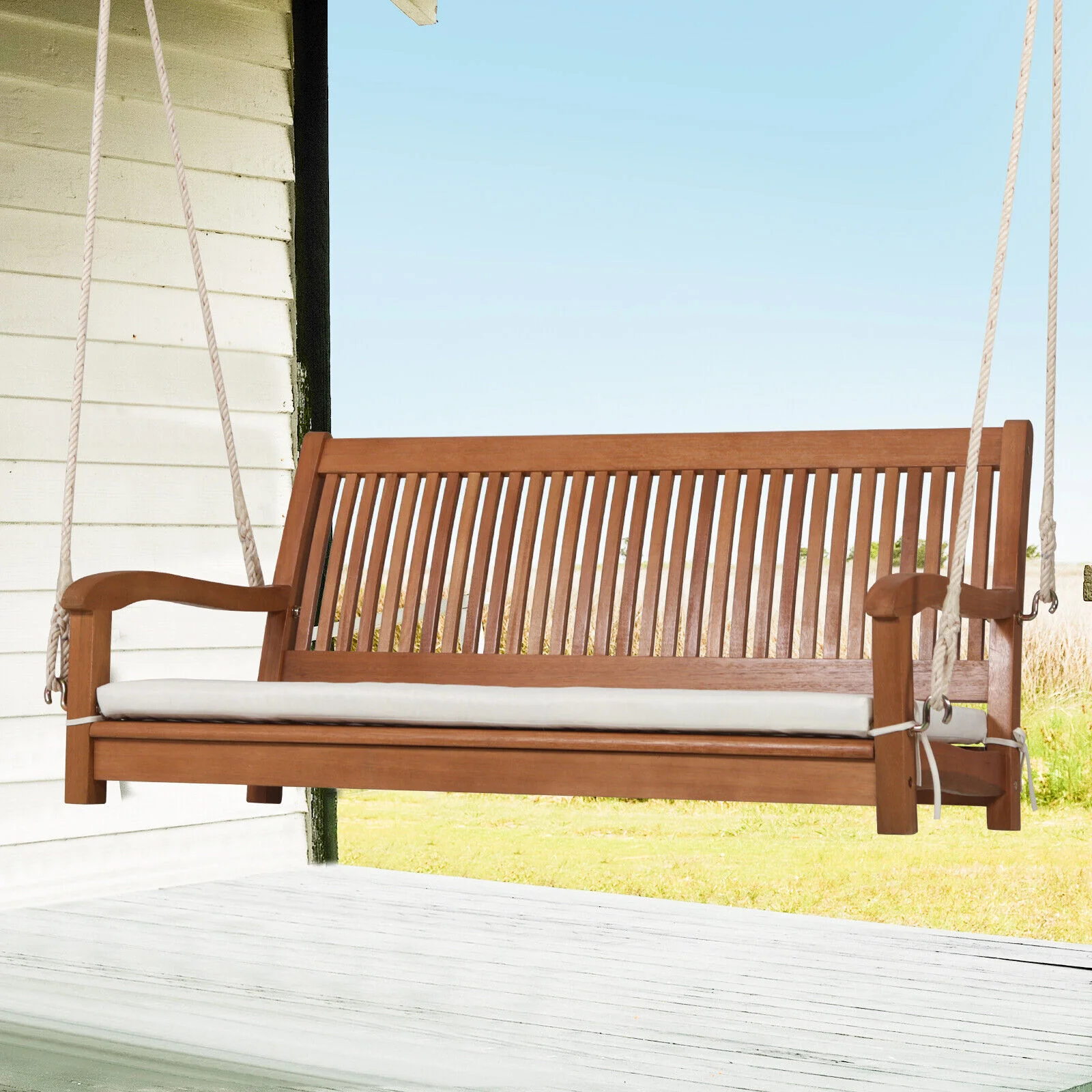 2-Person Hanging Porch Swing, Wood Bench With Cushion, Natural - Image 2