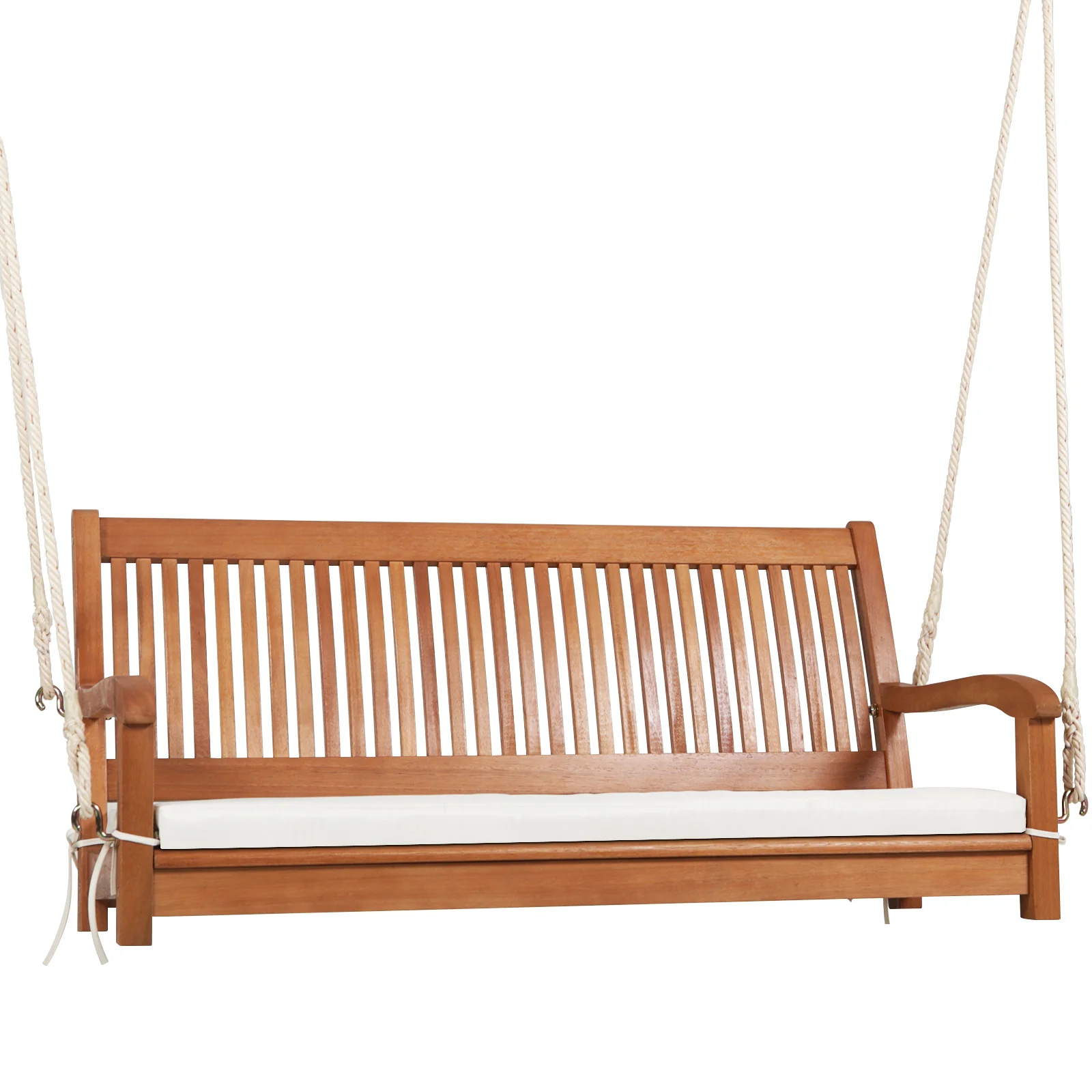 2-Person Hanging Porch Swing, Wood Bench With Cushion, Natural - Image 3
