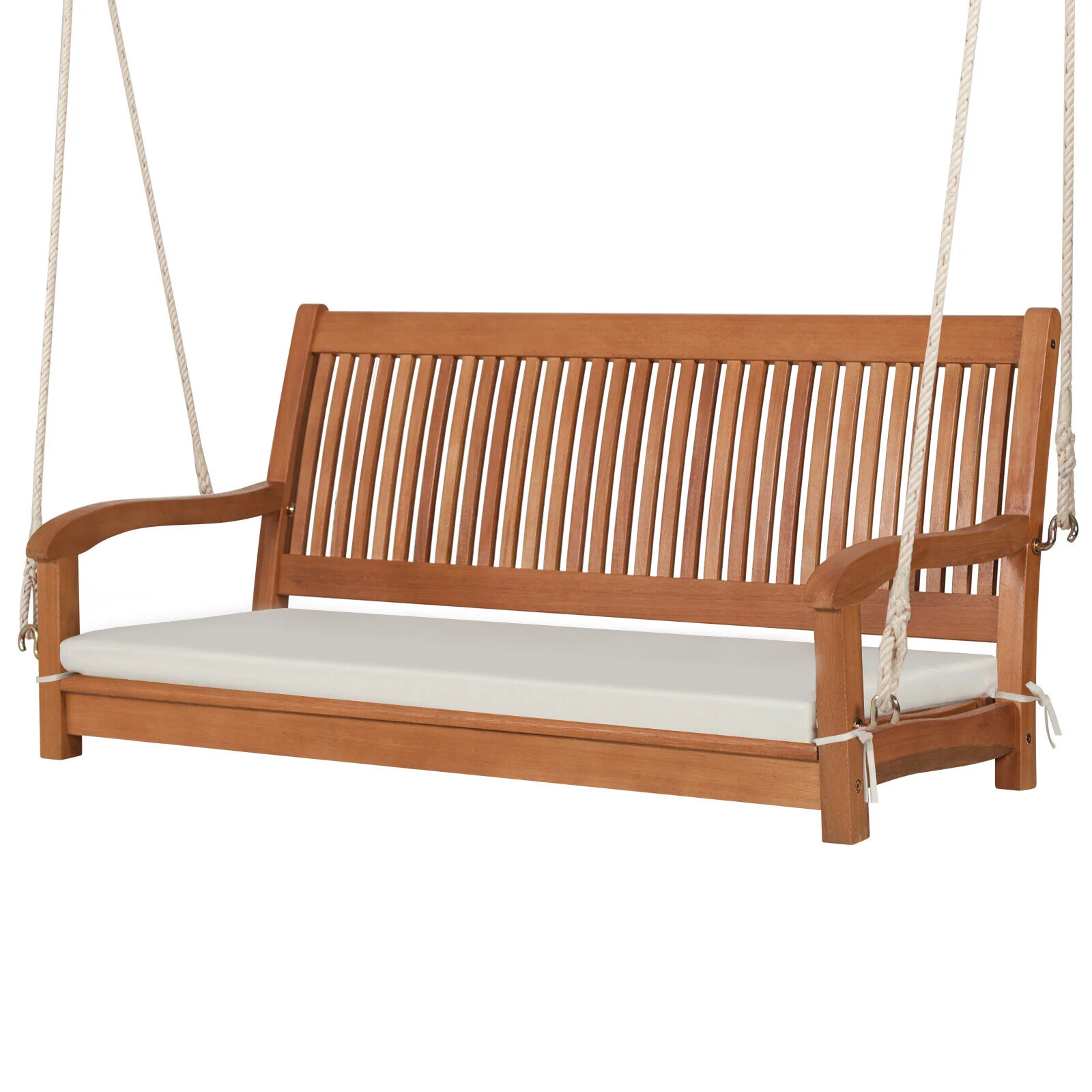 2-Person Hanging Porch Swing, Wood Bench With Cushion, Natural - Image 4