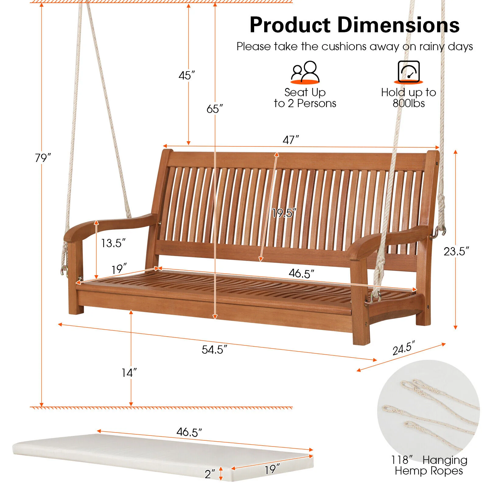 2-Person Hanging Porch Swing, Wood Bench With Cushion, Natural - Image 5