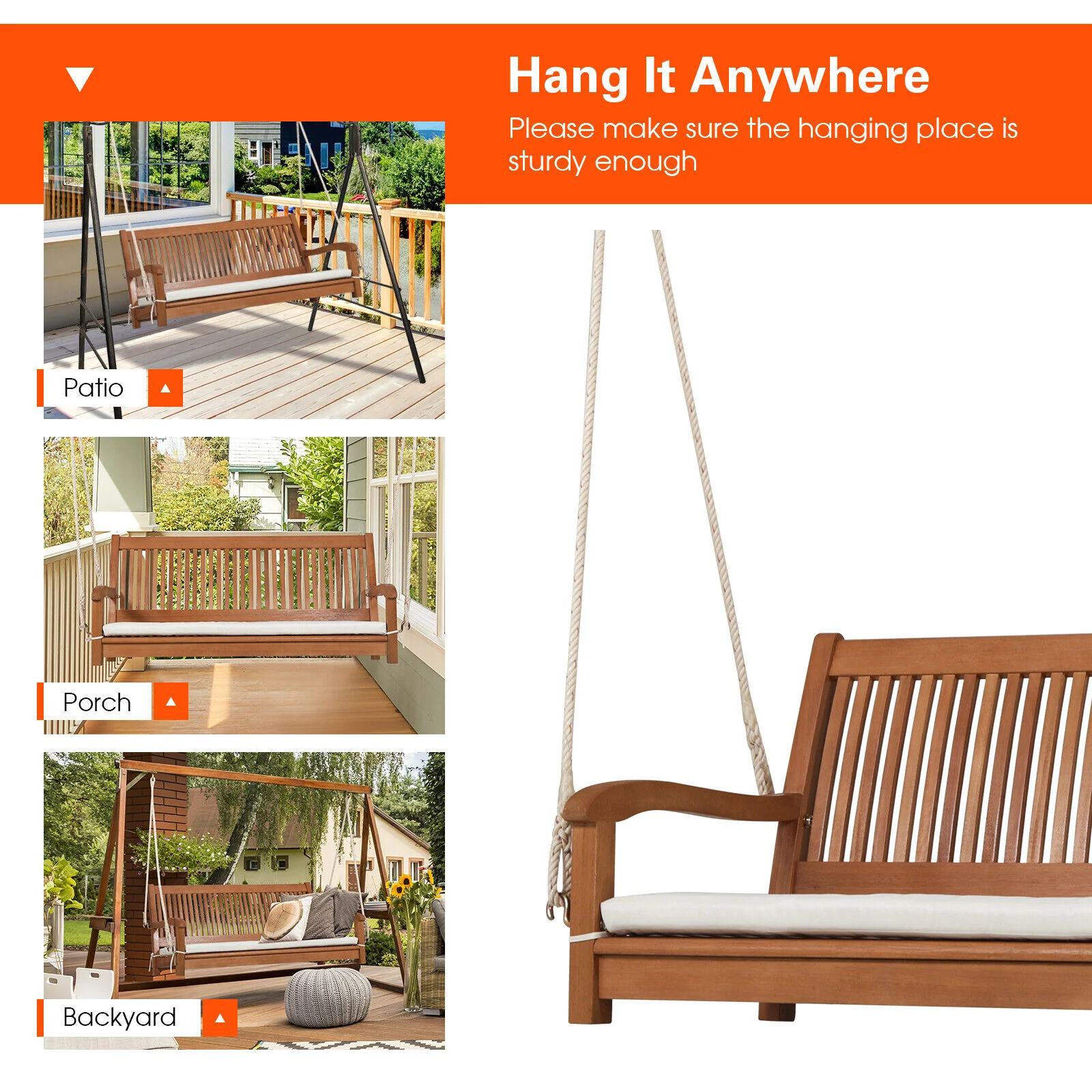 2-Person Hanging Porch Swing, Wood Bench With Cushion, Natural - Image 7