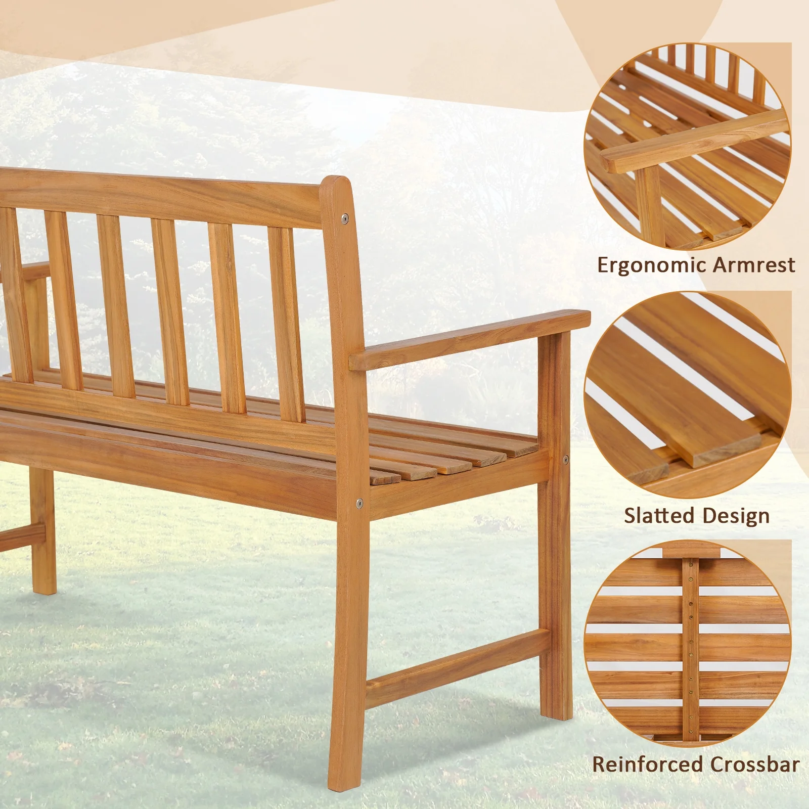 2-Person Outdoor Acacia Wood Bench With Backrest, Natural - Image 10