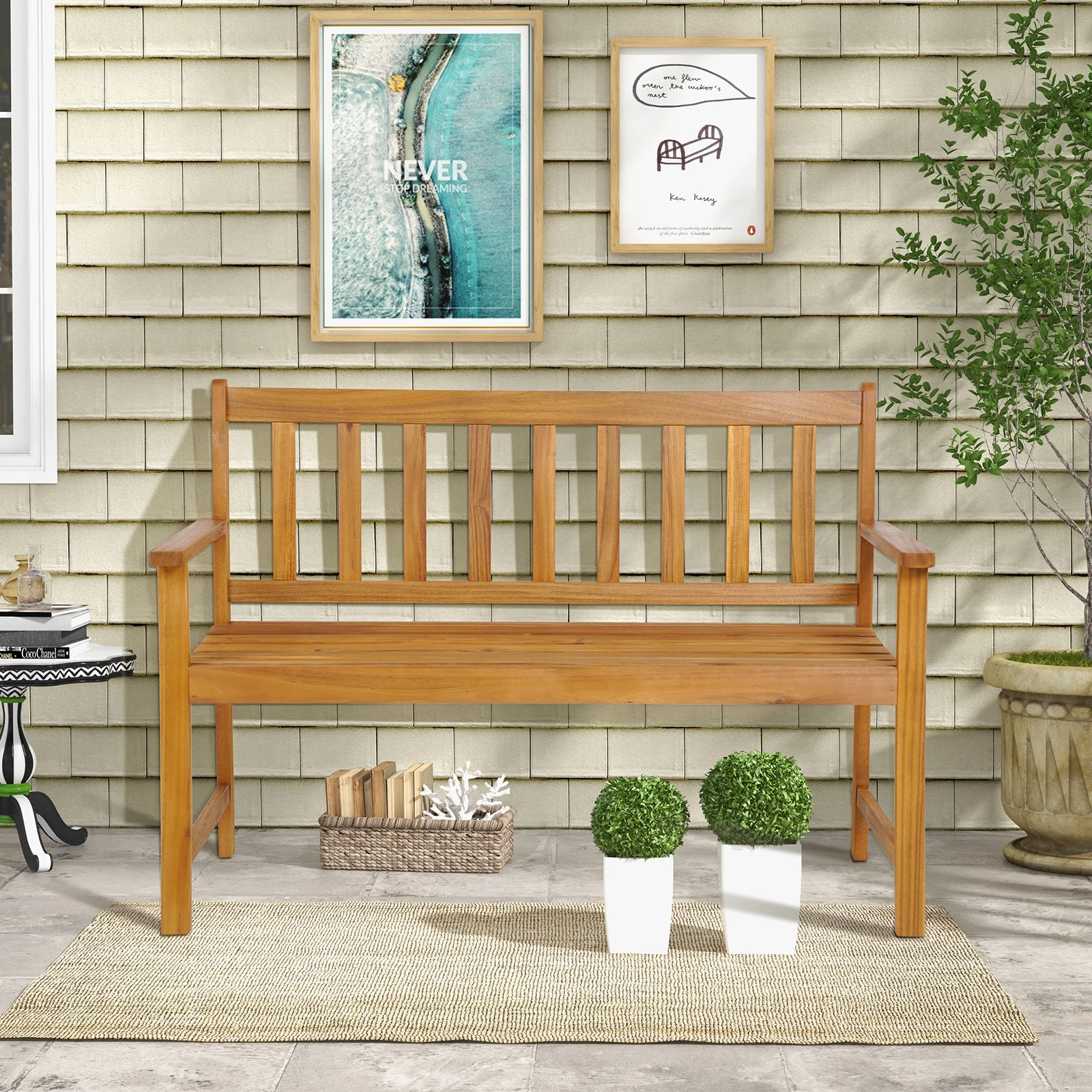 2-Person Outdoor Acacia Wood Bench With Backrest, Natural - Image 2