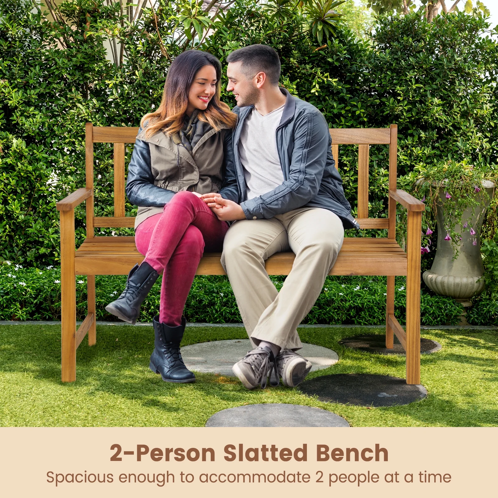 2-Person Outdoor Acacia Wood Bench With Backrest, Natural - Image 6