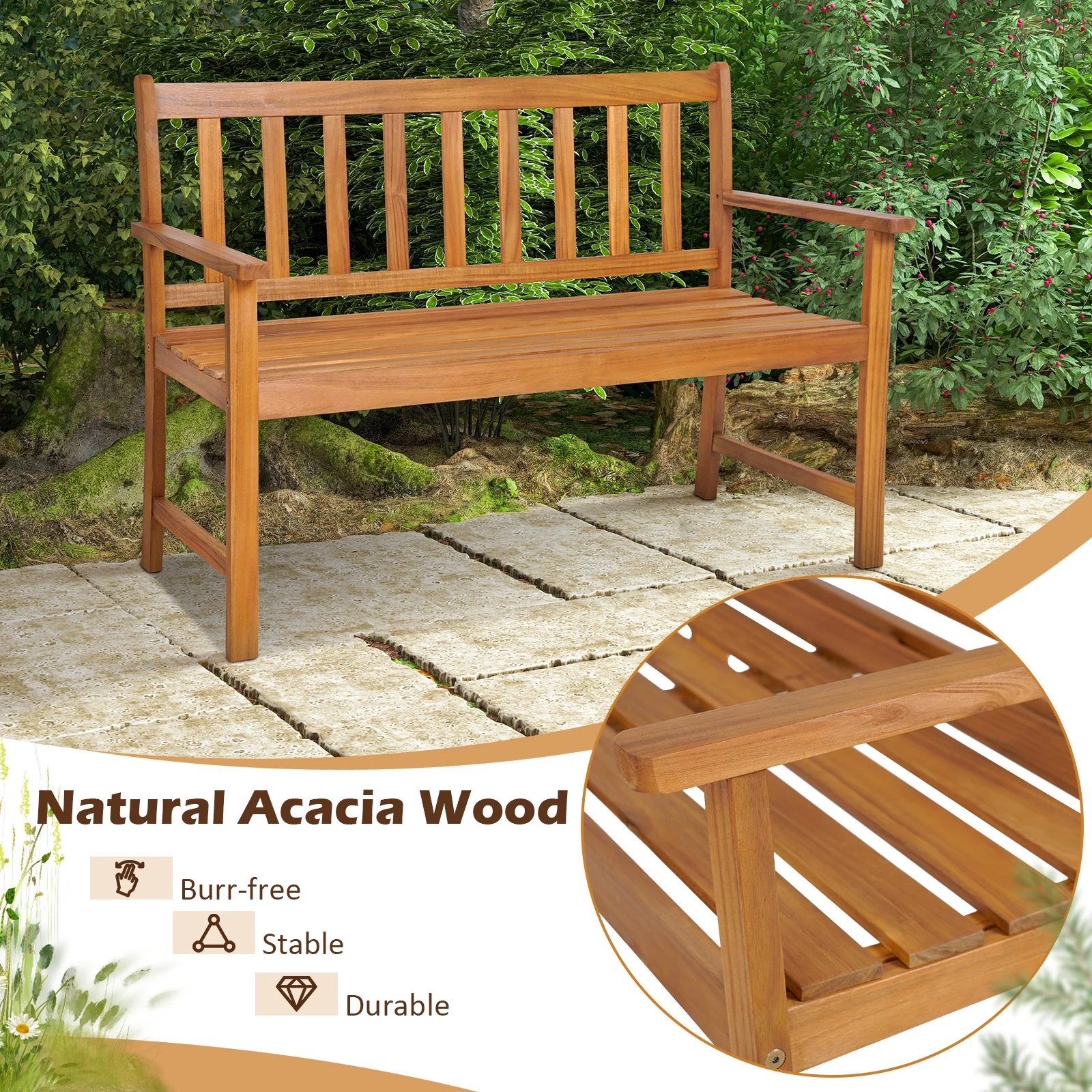 2-Person Outdoor Acacia Wood Bench With Backrest, Natural - Image 7