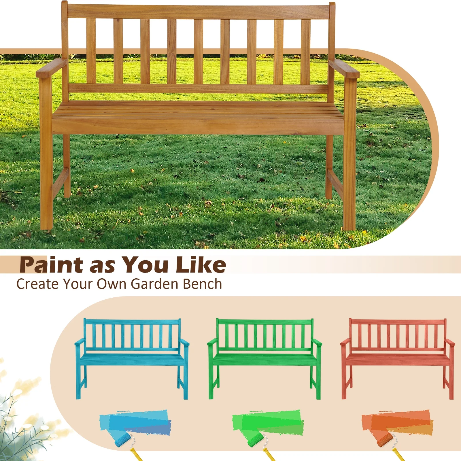 2-Person Outdoor Acacia Wood Bench With Backrest, Natural - Image 8