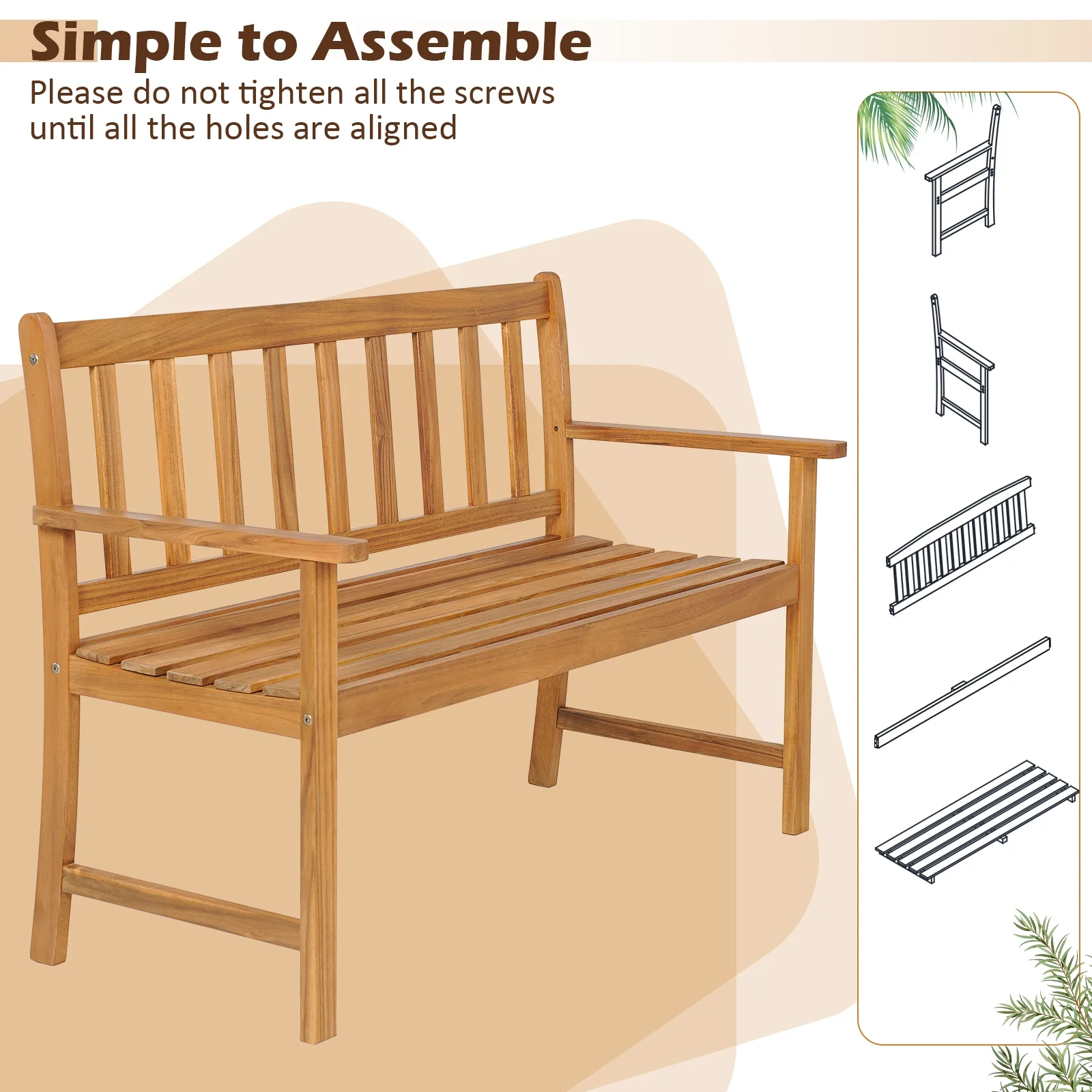 2-Person Outdoor Acacia Wood Bench With Backrest, Natural - Image 9