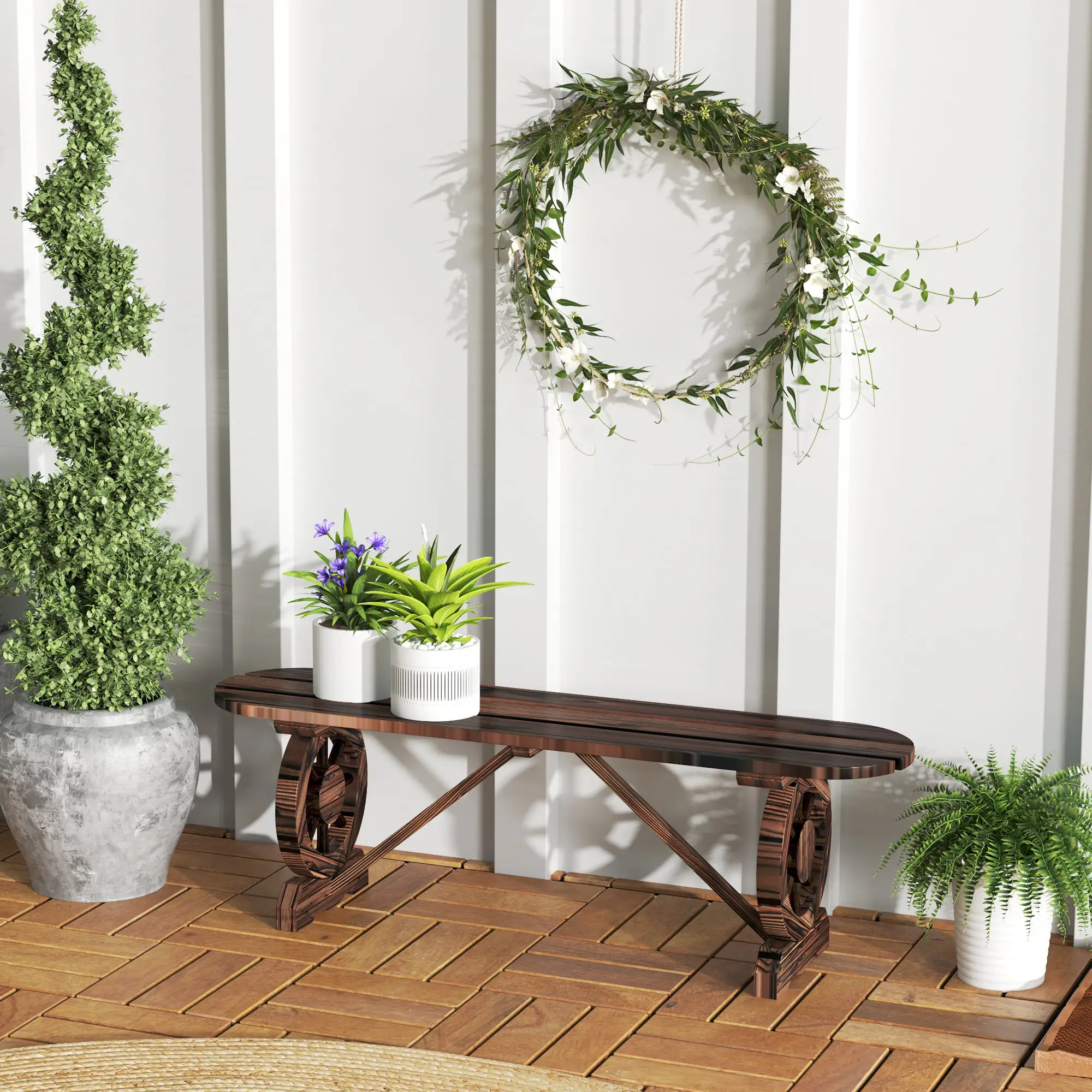 2-Person Outdoor Bench, Wood Garden Bench with Wagon Wheel Legs, Carbonized - Image 2