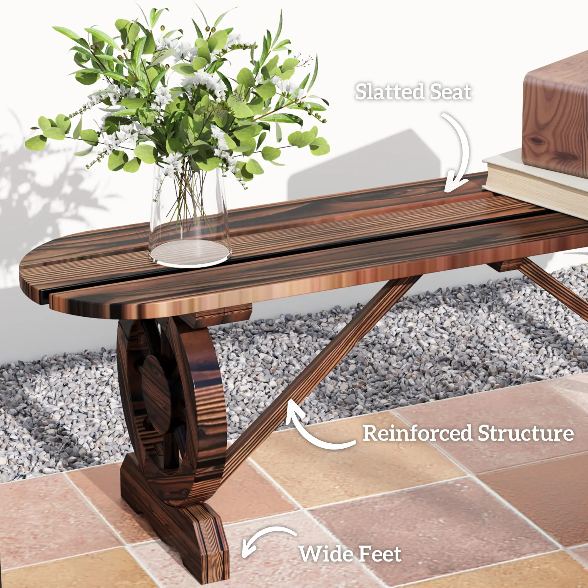 2-Person Outdoor Bench, Wood Garden Bench with Wagon Wheel Legs, Carbonized - Image 7