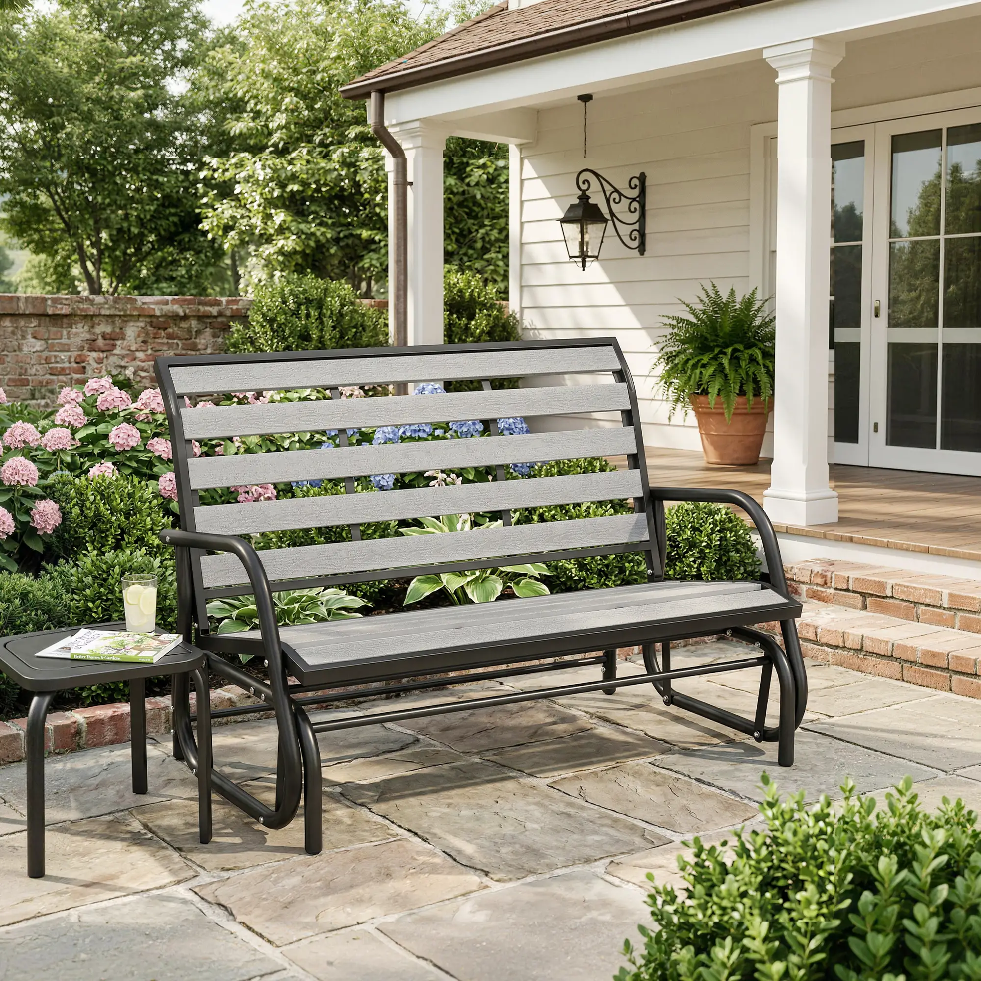 2 Person Outdoor Glider Bench, Steel Frame, Faux Wood Slats, Grey - Image 10