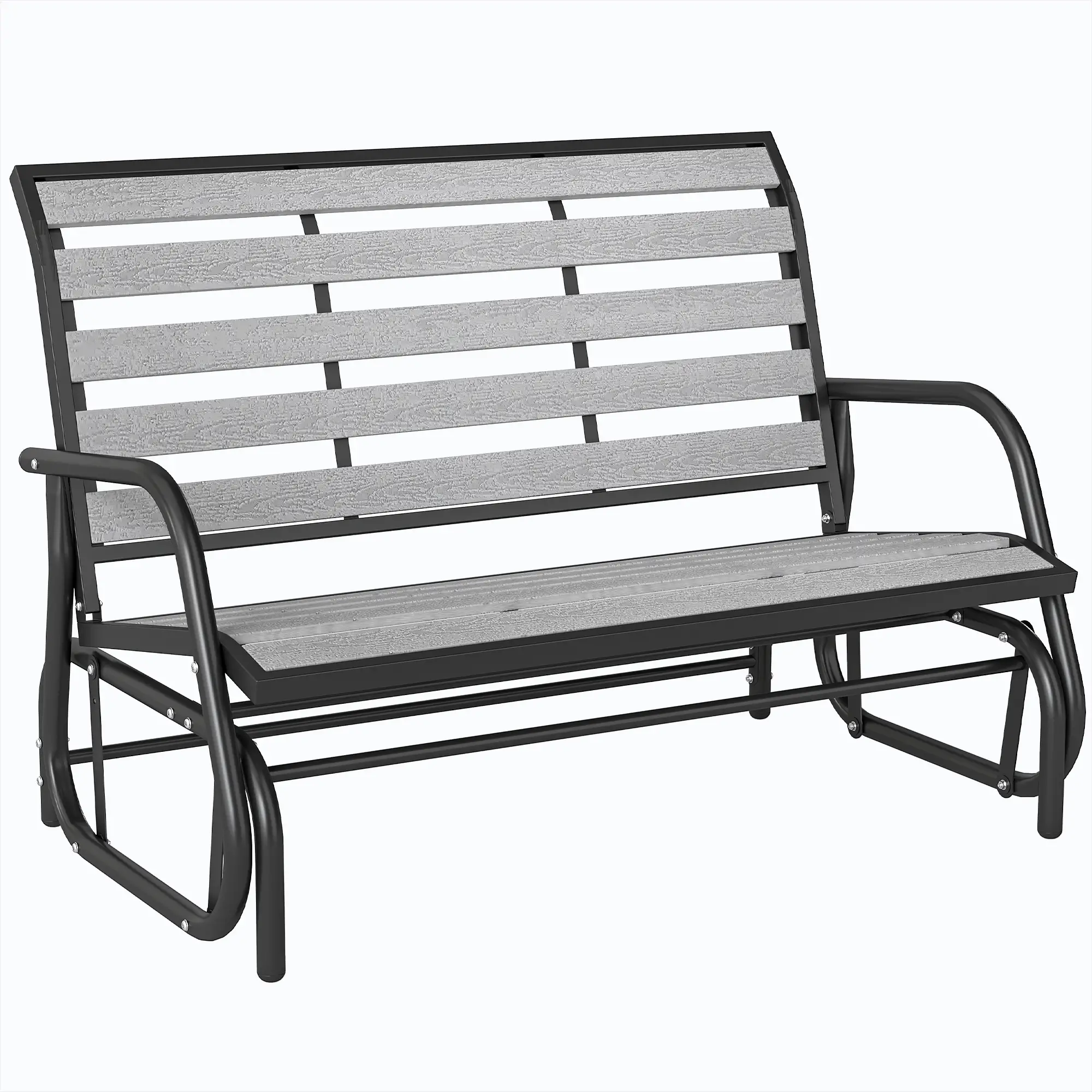 2 Person Outdoor Glider Bench, Steel Frame, Faux Wood Slats, Grey - Image 11