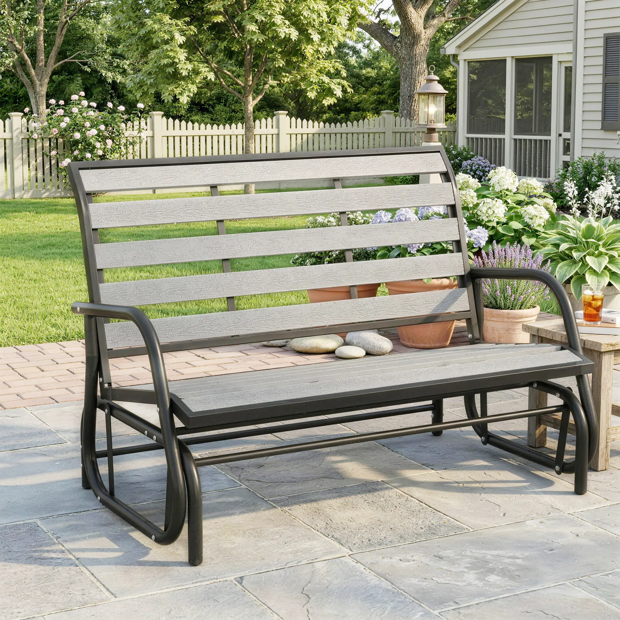 2 Person Outdoor Glider Bench, Steel Frame, Faux Wood Slats, Grey - Image 2