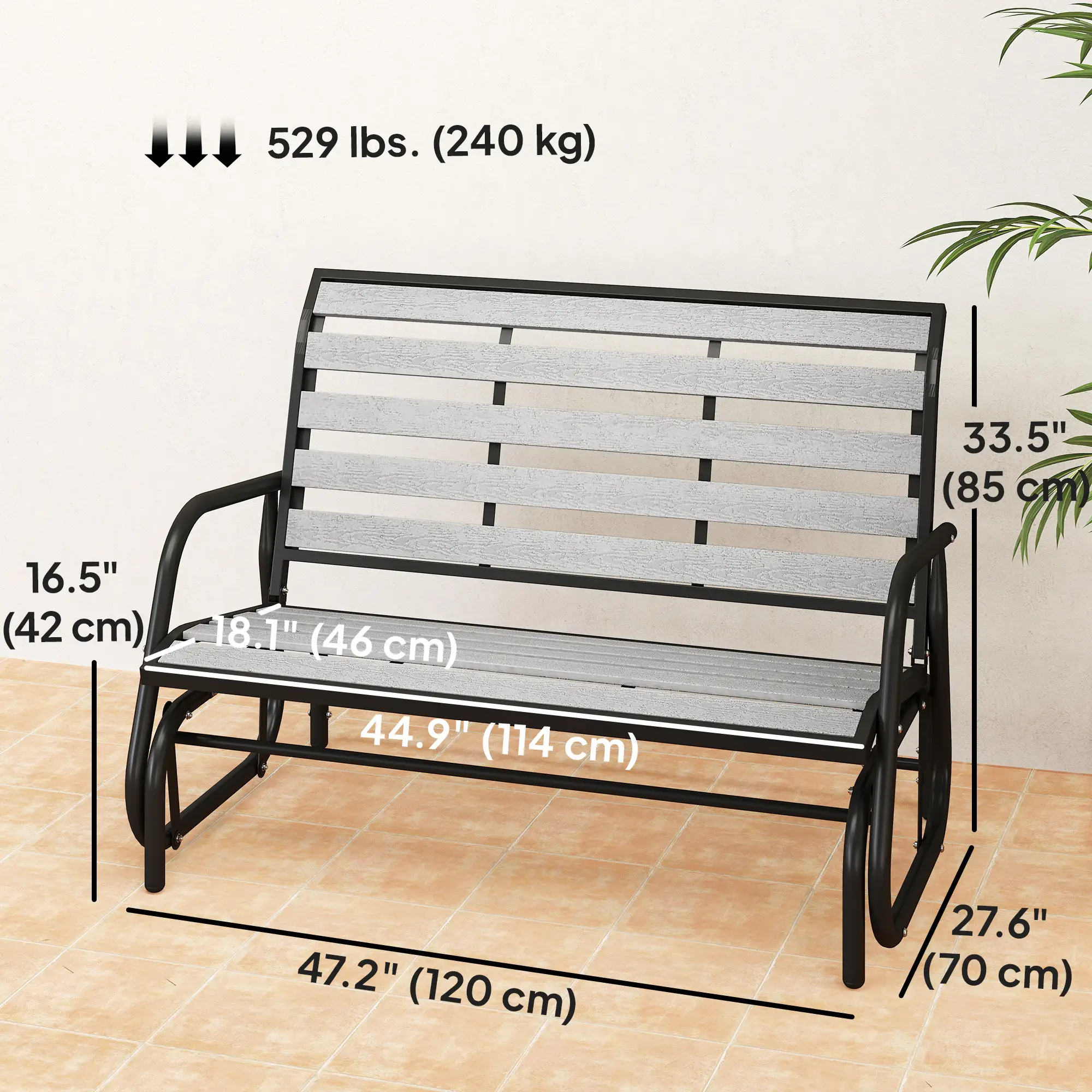 2 Person Outdoor Glider Bench, Steel Frame, Faux Wood Slats, Grey - Image 3