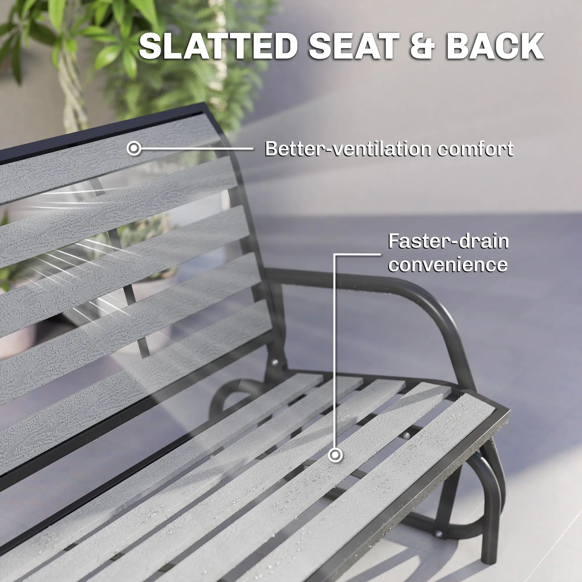 2 Person Outdoor Glider Bench, Steel Frame, Faux Wood Slats, Grey - Image 7