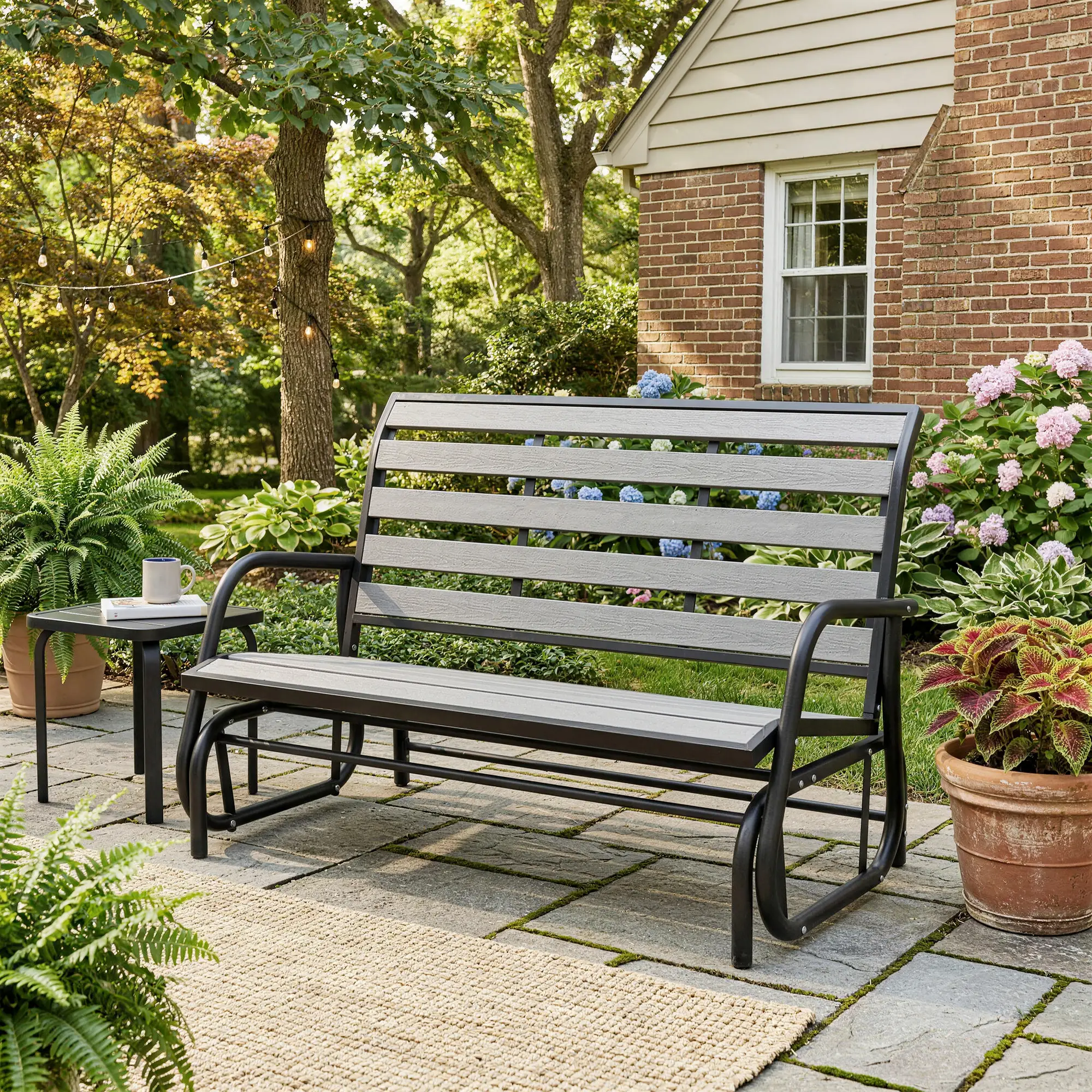 2 Person Outdoor Glider Bench, Steel Frame, Faux Wood Slats, Grey - Image 8
