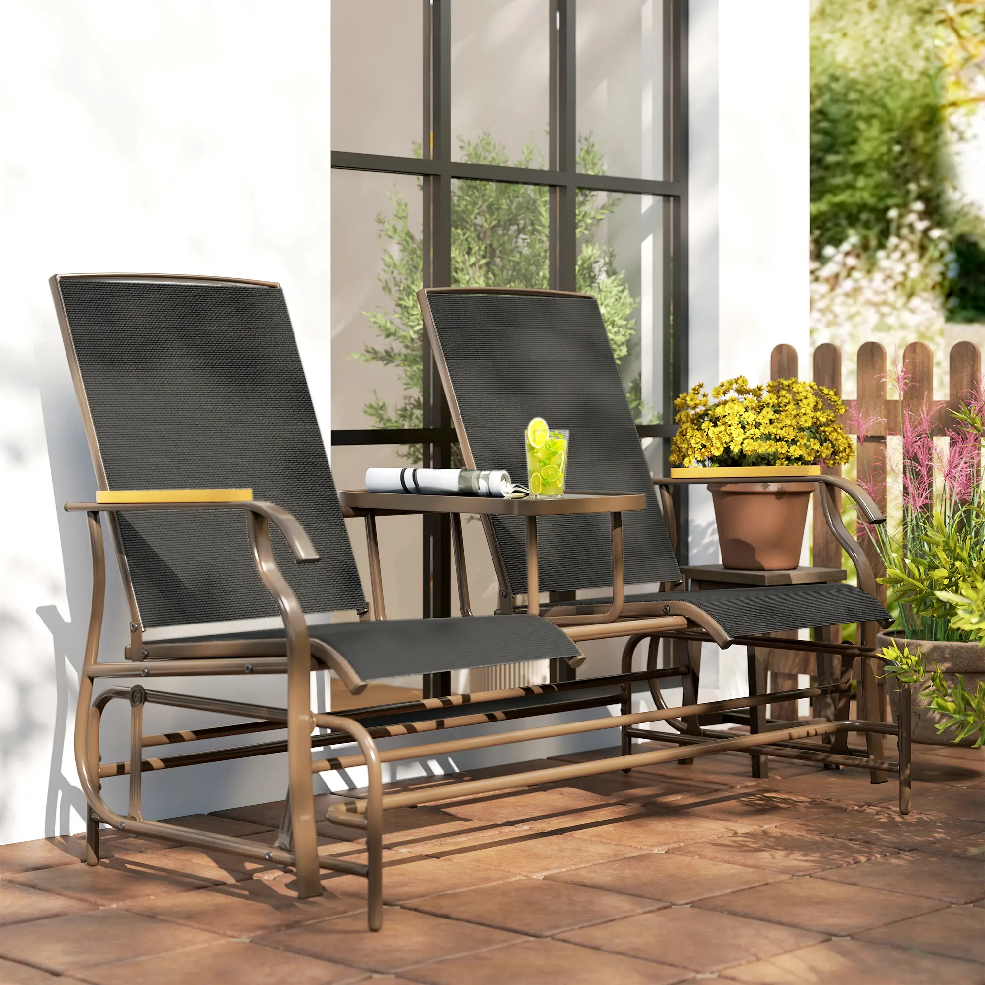 2-Person Outdoor Glider Bench, Steel Frame, Breathable Mesh, Table - Image 10