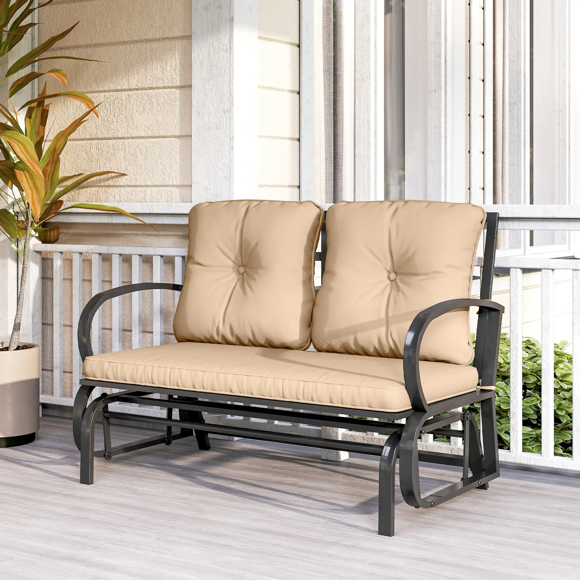 2-Person Outdoor Glider Chair, Steel Frame With Cushions, Khaki - Image 10