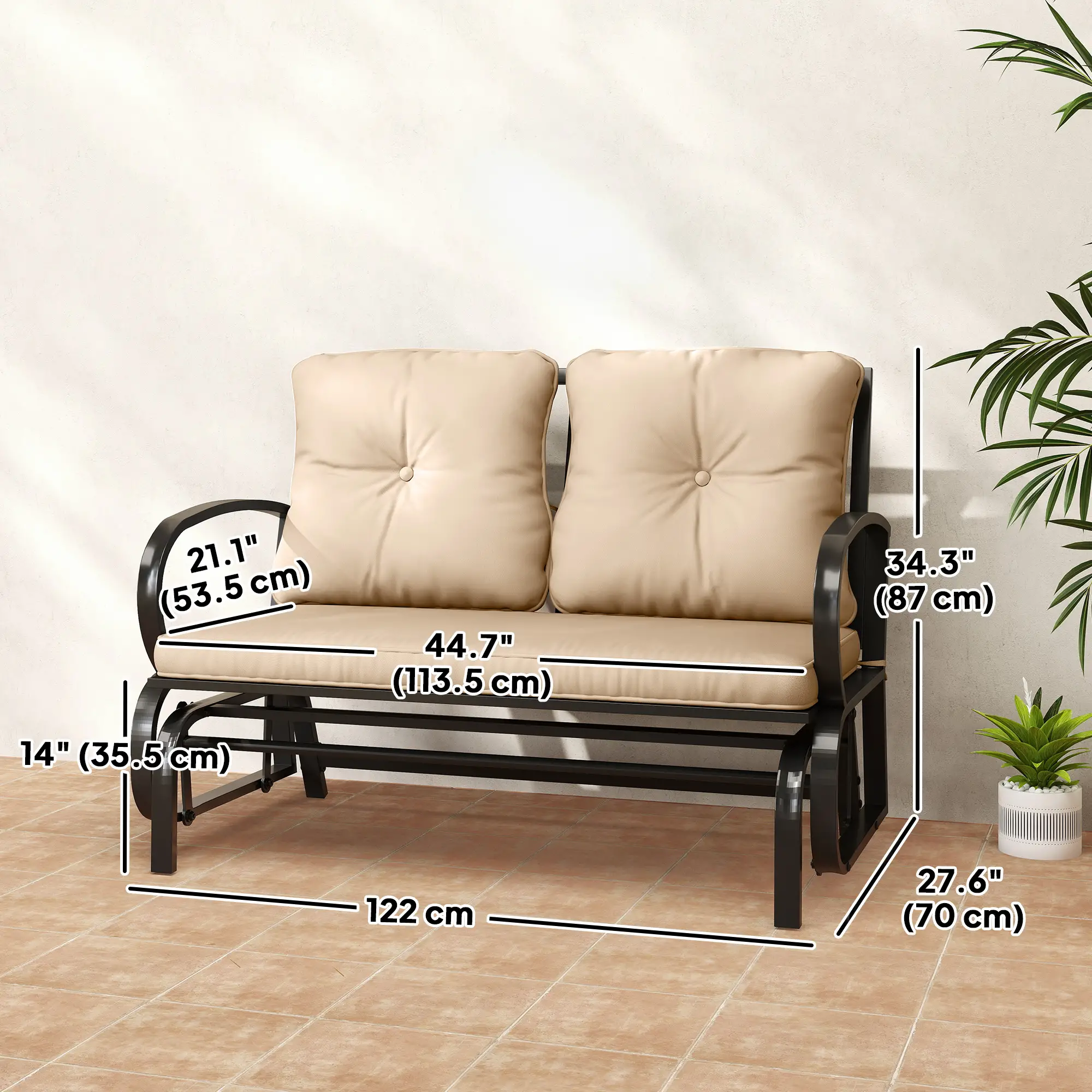 2-Person Outdoor Glider Chair, Steel Frame With Cushions, Khaki - Image 3