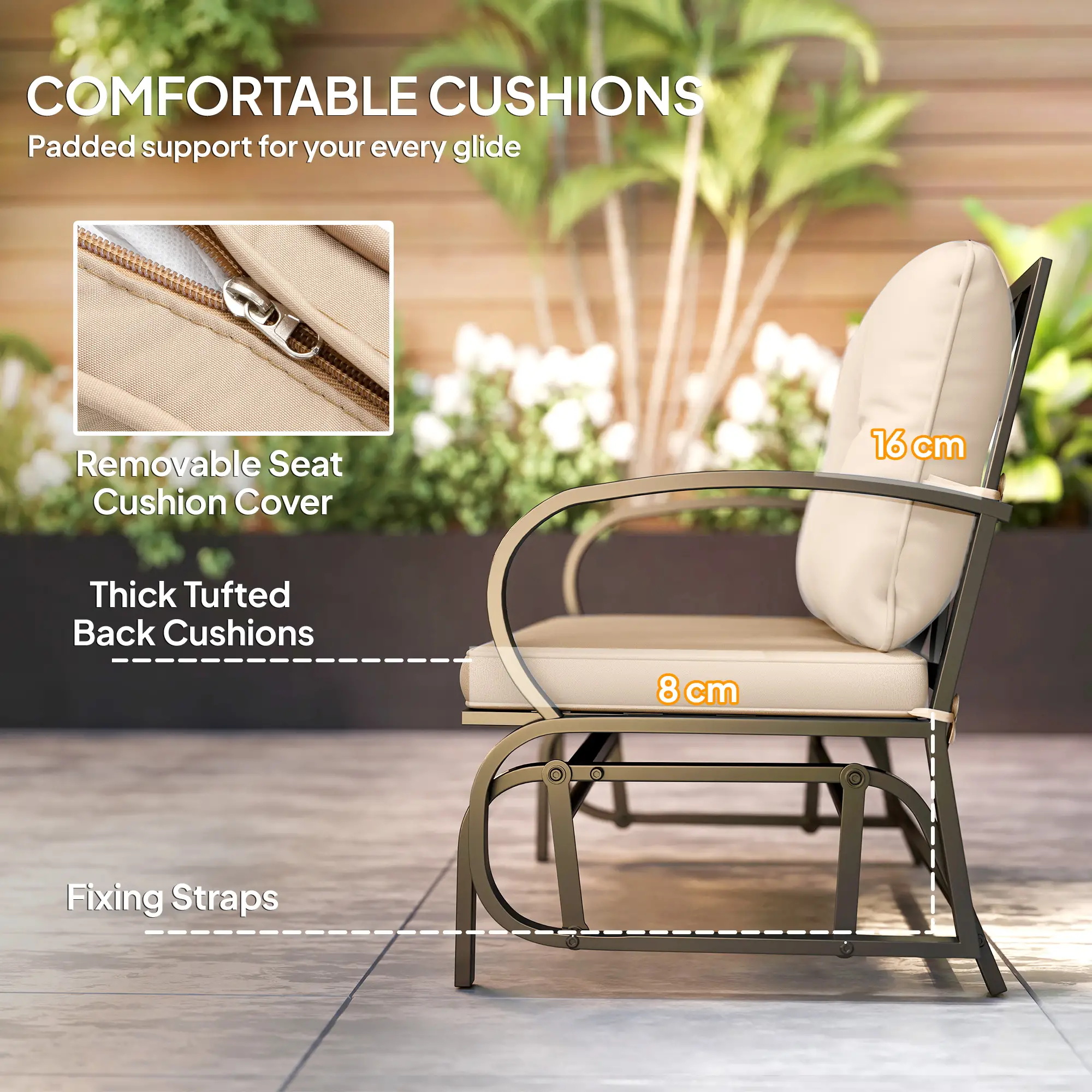 2-Person Outdoor Glider Chair, Steel Frame With Cushions, Khaki - Image 5