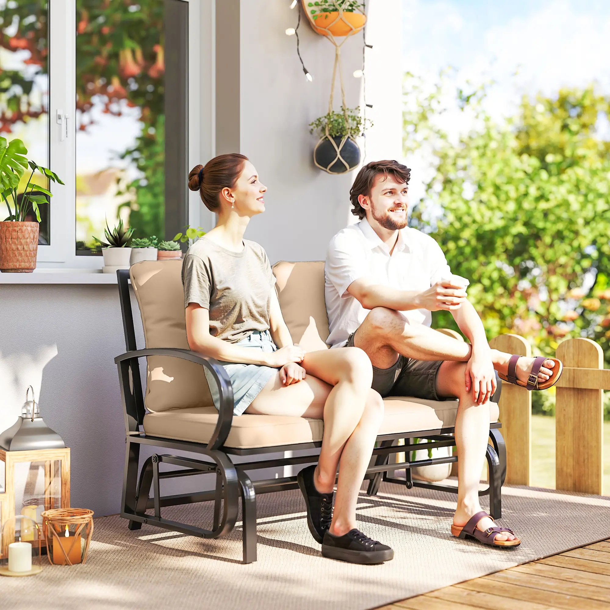 2-Person Outdoor Glider Chair, Steel Frame With Cushions, Khaki - Image 8