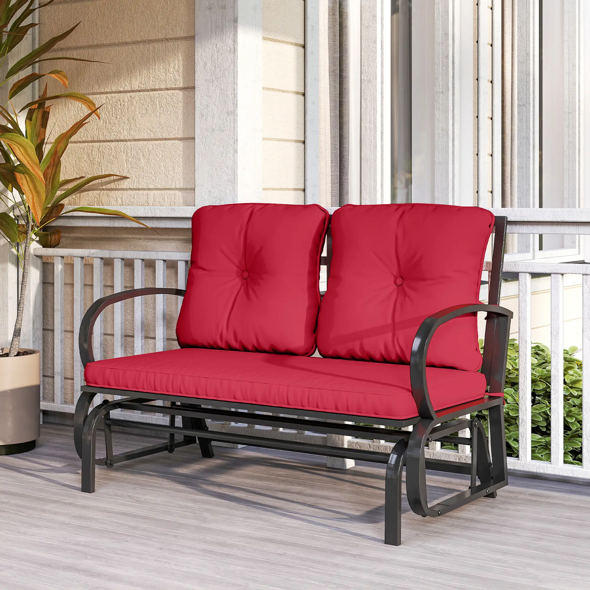2-Person Outdoor Glider Chair, Steel Frame with Cushions, Red - Image 10