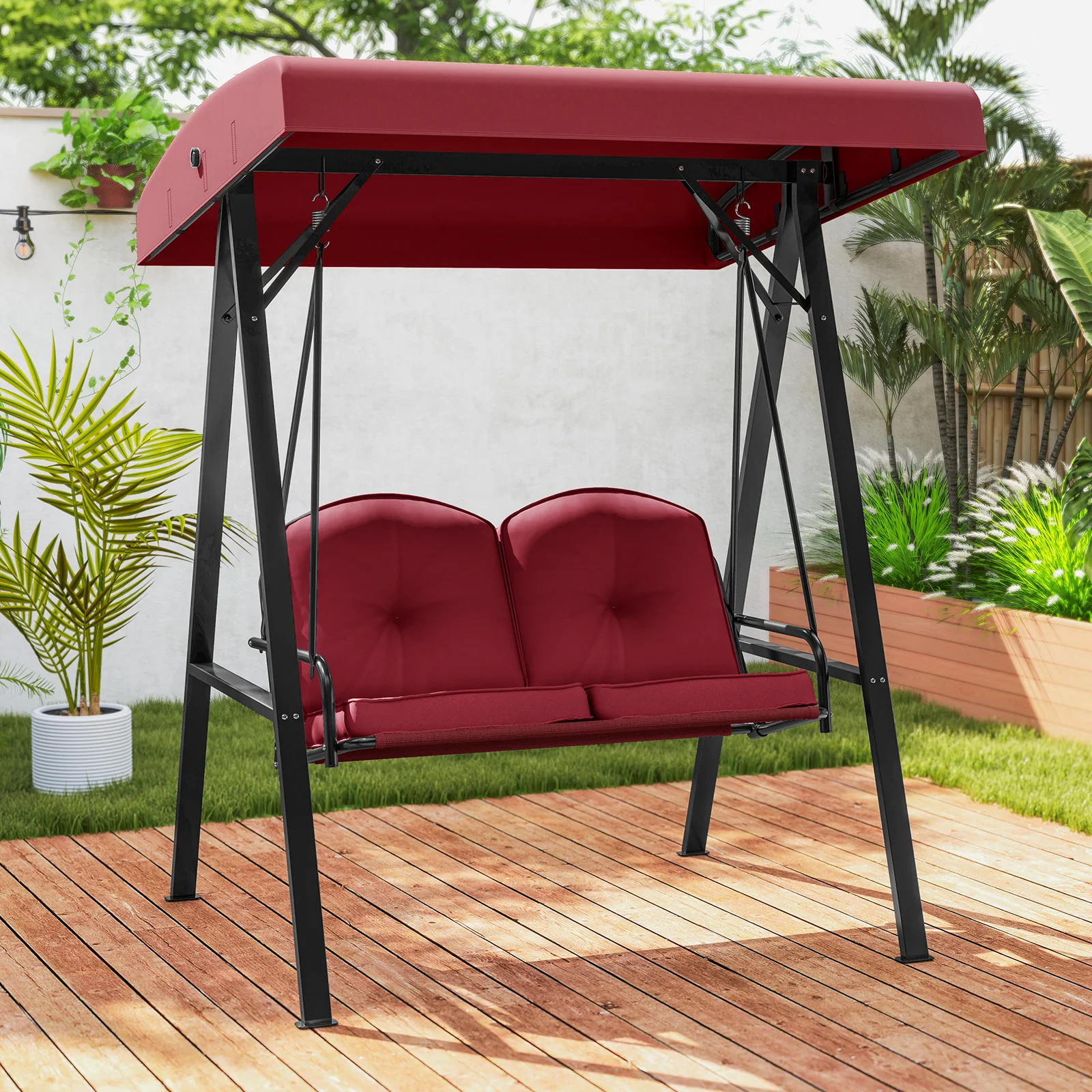 2-Person Outdoor Porch Swing, A-Shaped Metal Stand, Adjustable Canopy, Wine - Image 2