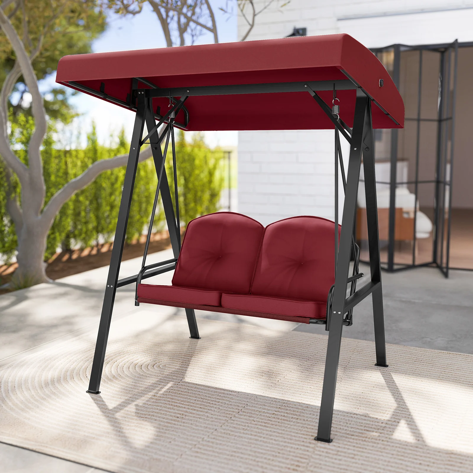 2-Person Outdoor Porch Swing, A-Shaped Metal Stand, Adjustable Canopy, Wine - Image 3