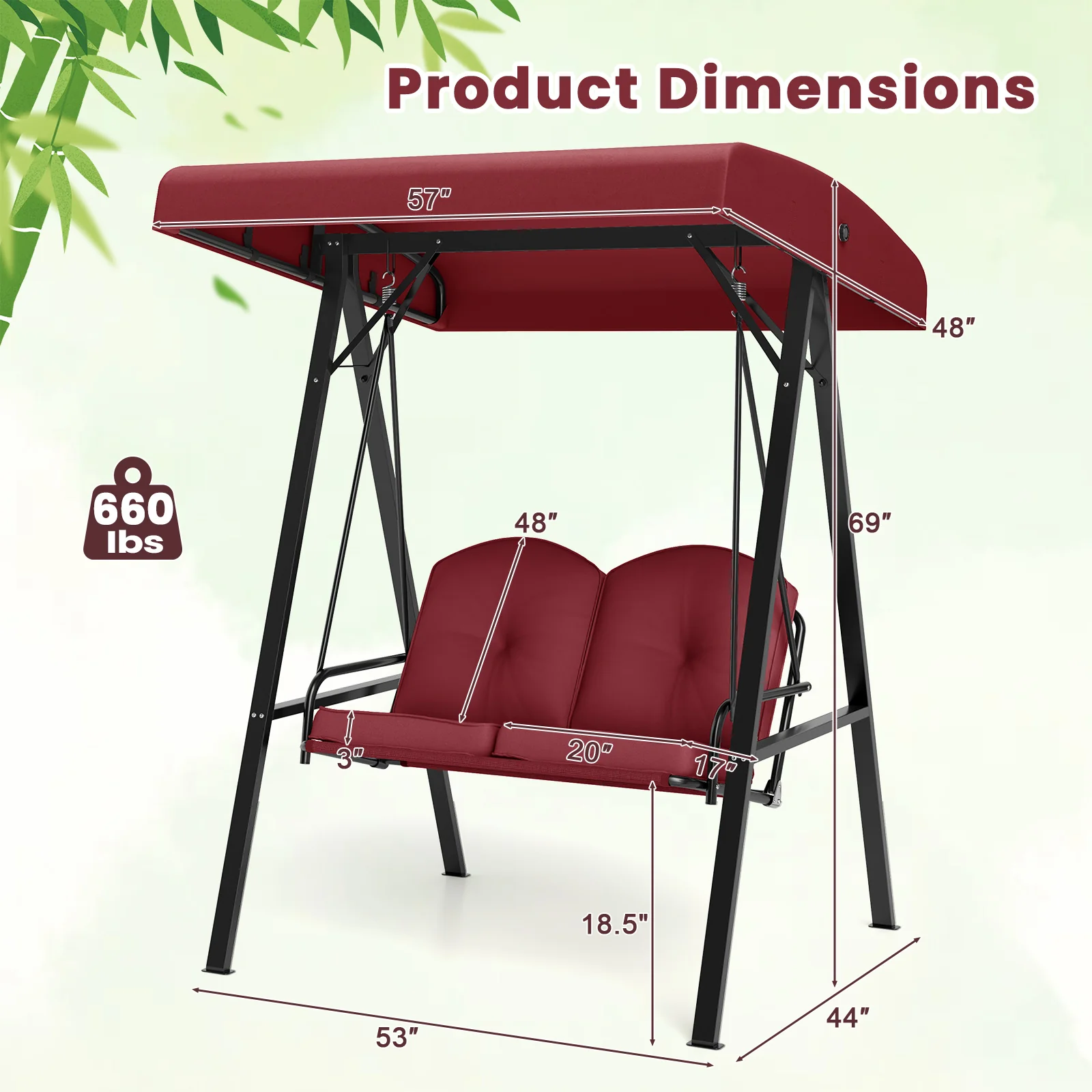 2-Person Outdoor Porch Swing, A-Shaped Metal Stand, Adjustable Canopy, Wine - Image 6